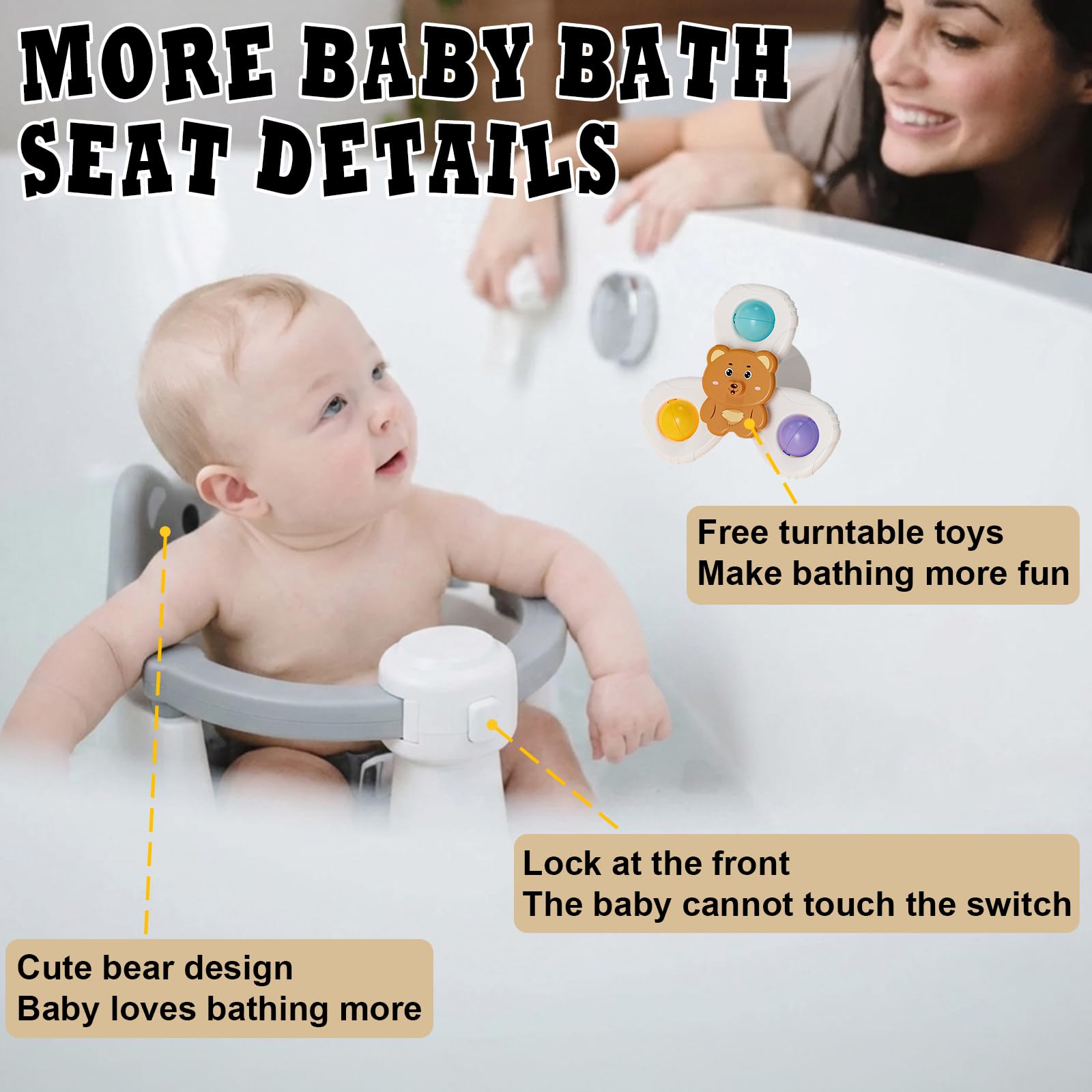 Seggiolino Doccia Bimbo, Seggiolino per Vasca da Bagno per Bambini a Partire da 6 Mesi, Seggiolini Per Bagnetto, Seggiolino da Bagno Antiscivolo con 4 Potenti Ventose, per Doccia o Vasca (Grigio)
