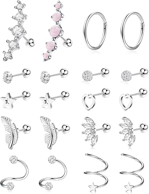 LOLIAS 10 Pairs Stainless Steel Cartilage Earring Helix Hoop for Women Girls Piercing Tragus Stud Jewelry CZ Barbell Conch Heart Star Ear Cartilage Piercing 16 Gauge