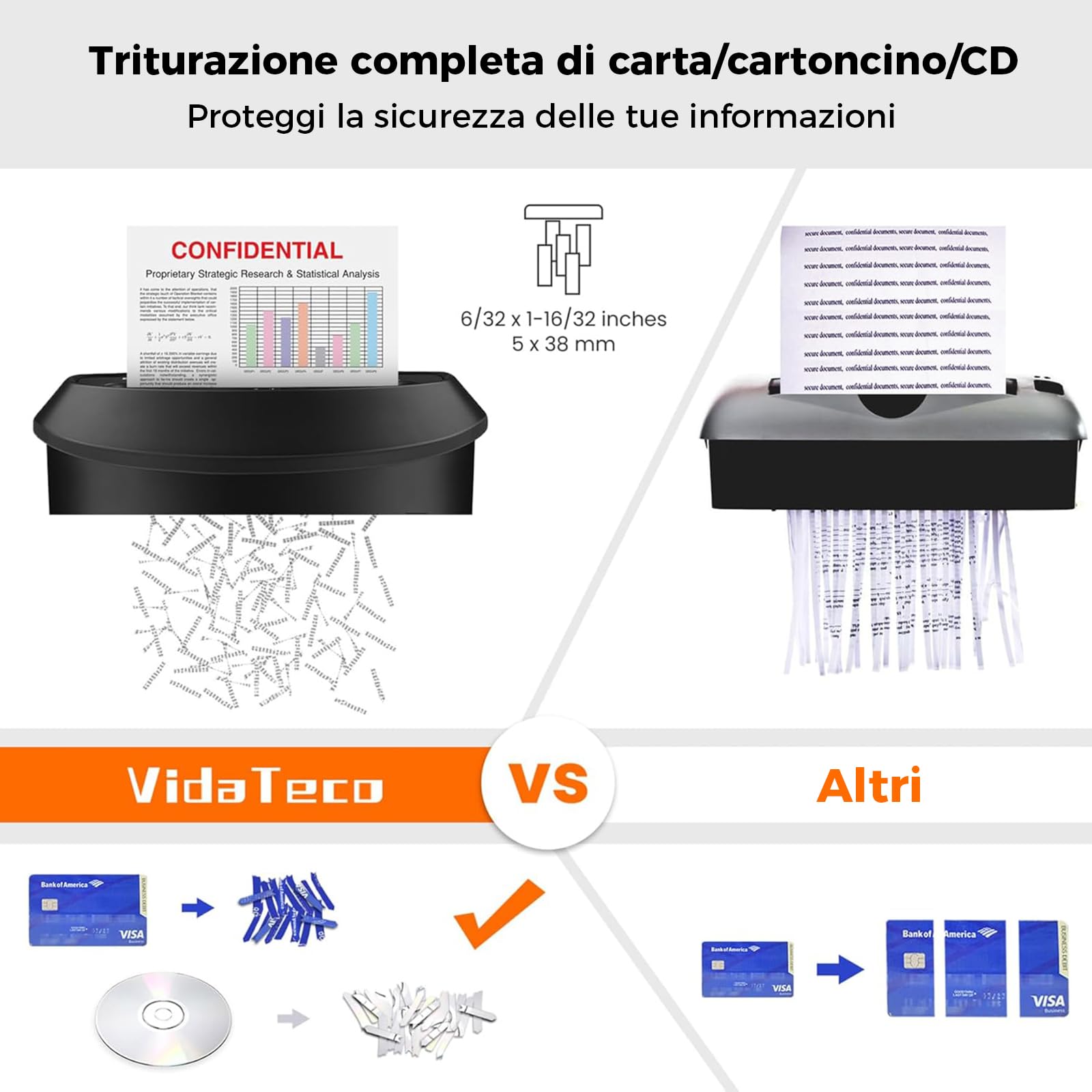 Tritacarte Distruggi documenti ufficio, VidaTeco Trituratore a 14 Fogli a Taglio Incrociato con Funzione Distruggi CD e Carte di Credito, Design con Impugnatura Portatile e Cestino da 25 litri
