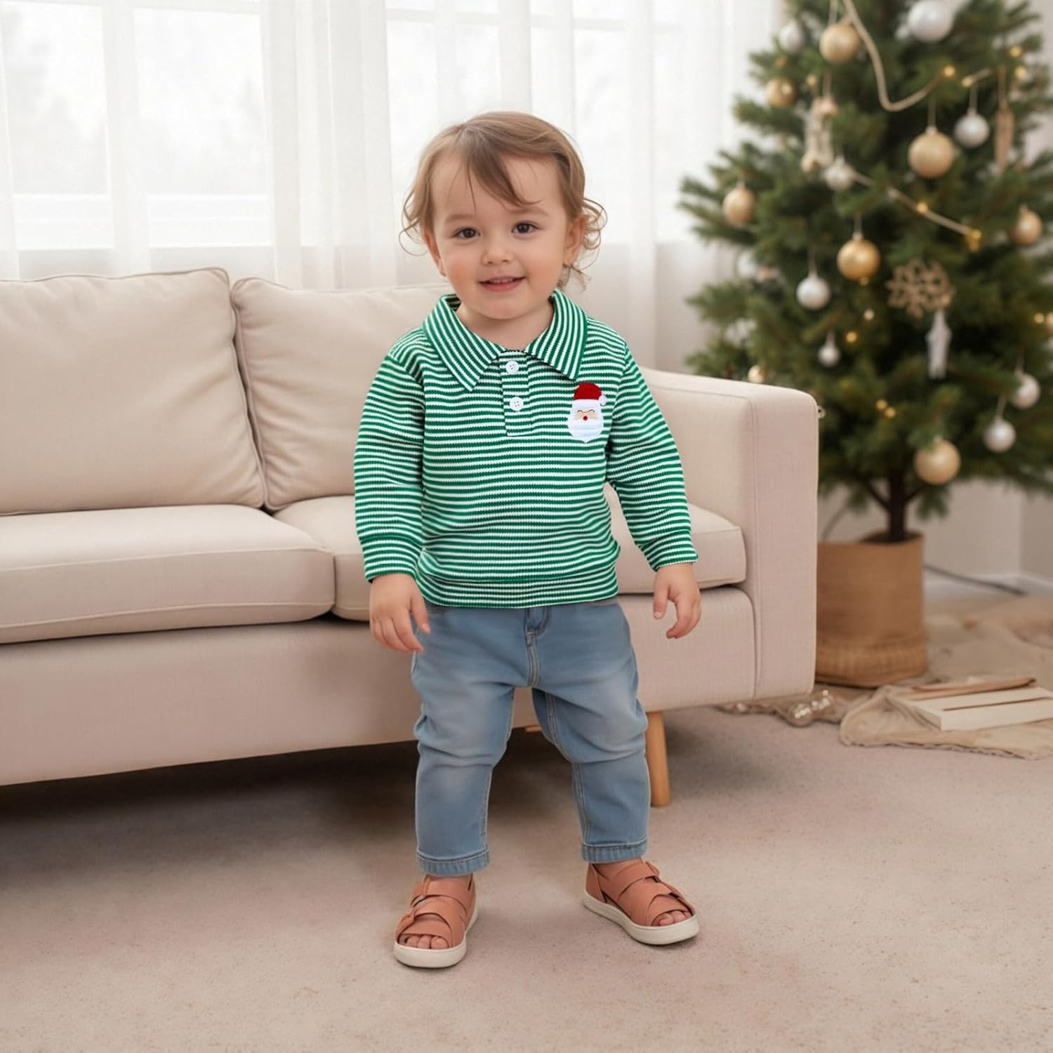 Toddler Baby Boy Christmas Outfit Santa Claus Embroidery Waffle Striped Long Sleeve Polo Shirt Button Up Pullover Top - Image 3