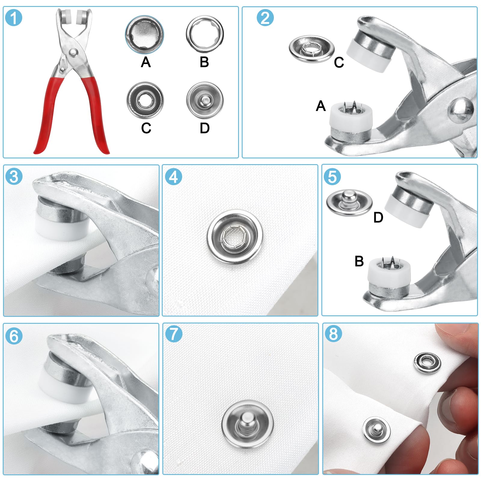 Set 200 Bottoni A Pressione Metallici - Con Pinza, 9.5 Mm, Per Fai-Da-Te E Cucito - Foto 13