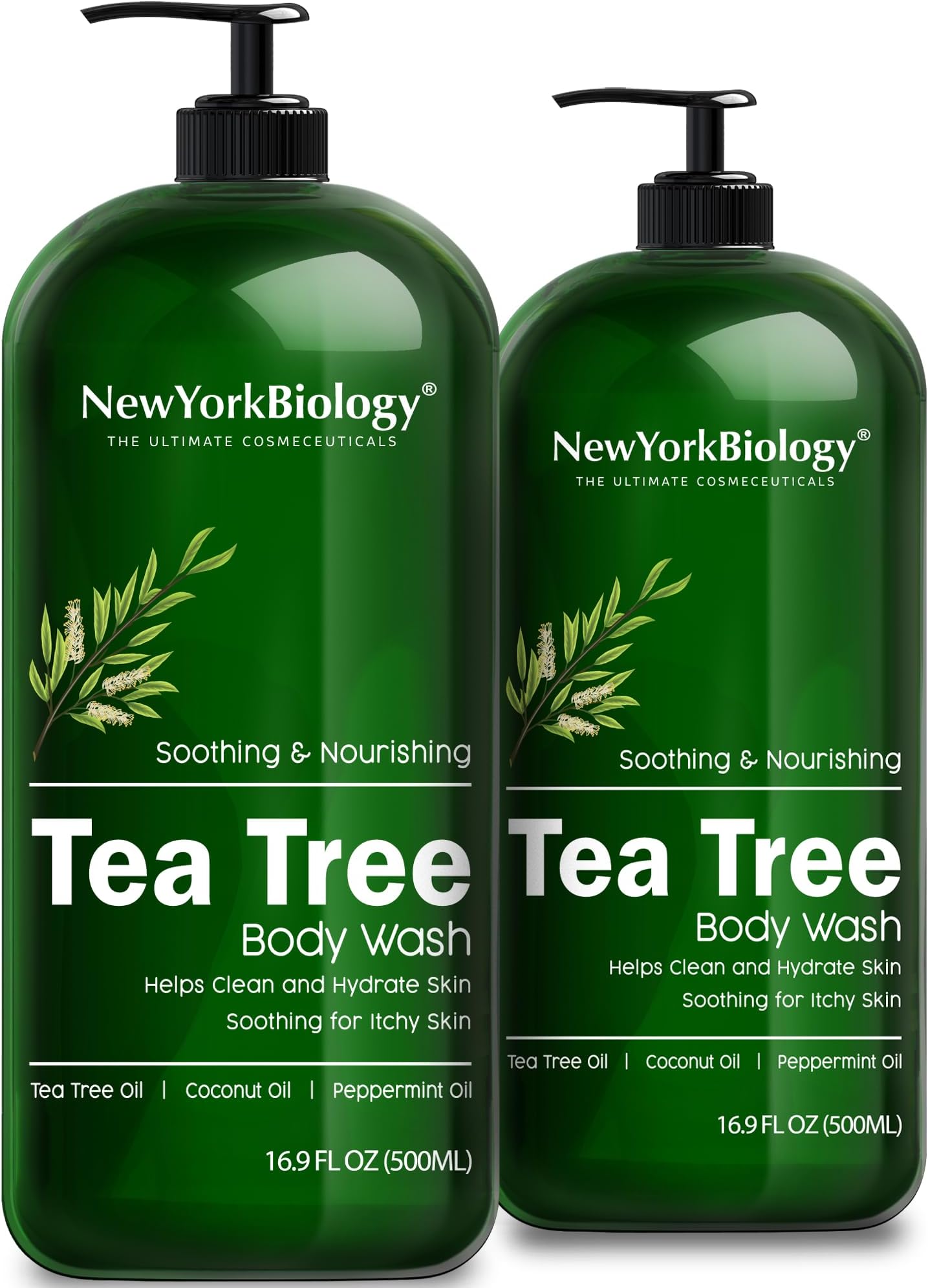New York Biology Tea Tree Body Wash - 16.9 Fl Oz (Pack of 2) | For Men & Women, Moisturizing Body Wash Helps Soothe the Skin, Refreshing & Hydrating Cleanser for Body & Feet