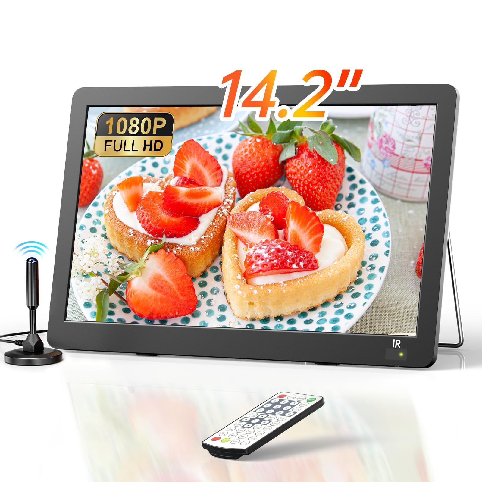 Desobry TV portatile da 14.2 pollici, piccola TV ricaricabile 1080P con antenna e sintonizzatore DVB-T2, TV all'aperto Supporto ingressi HDMI/USB/AV, tv 12 volt per camper