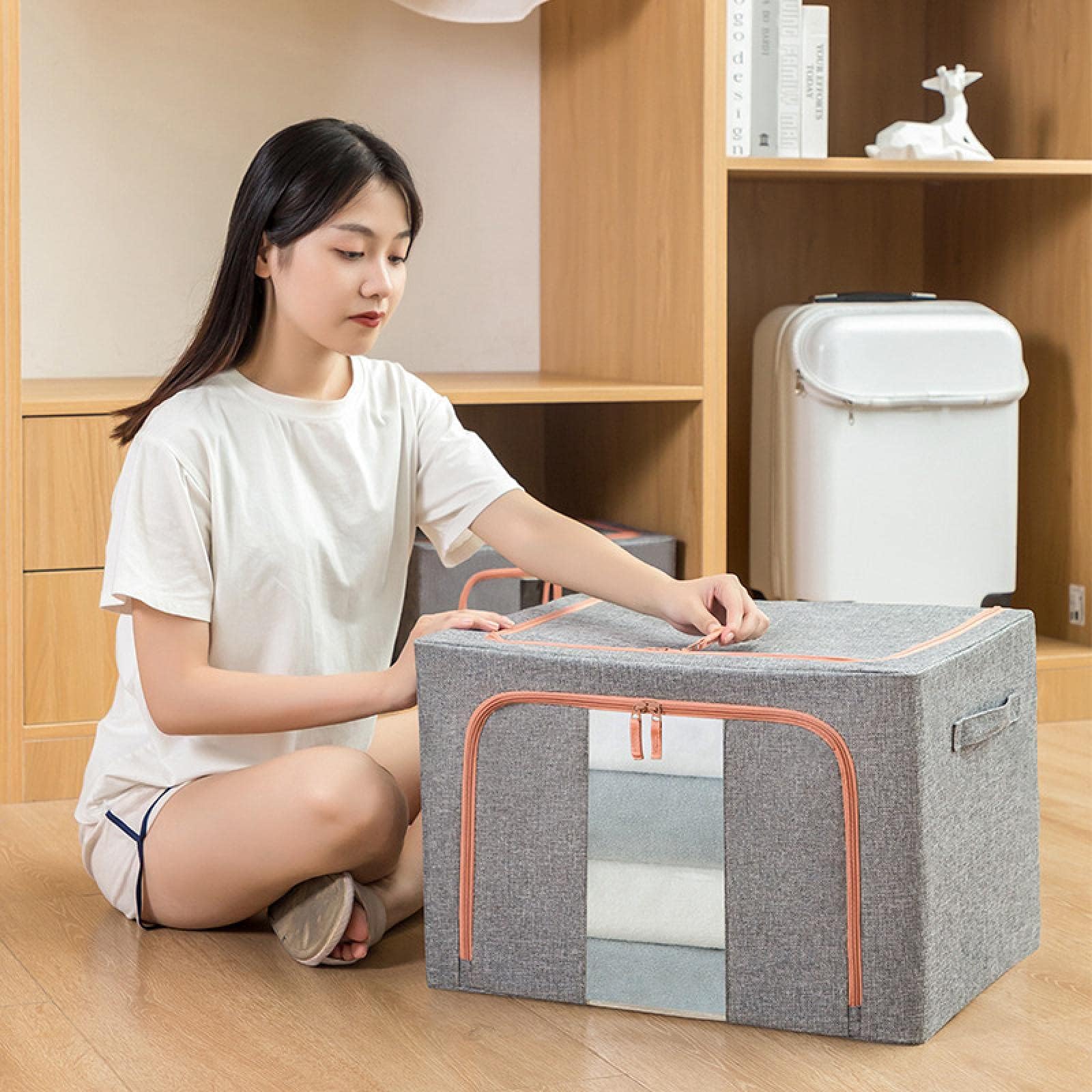Debrymn 3Pcs 66L Grey Clothes Storage Bins with Metal Frame, Foldable Fabric Bin Organizer, Stackable Openings, Clear Windows - Image 2
