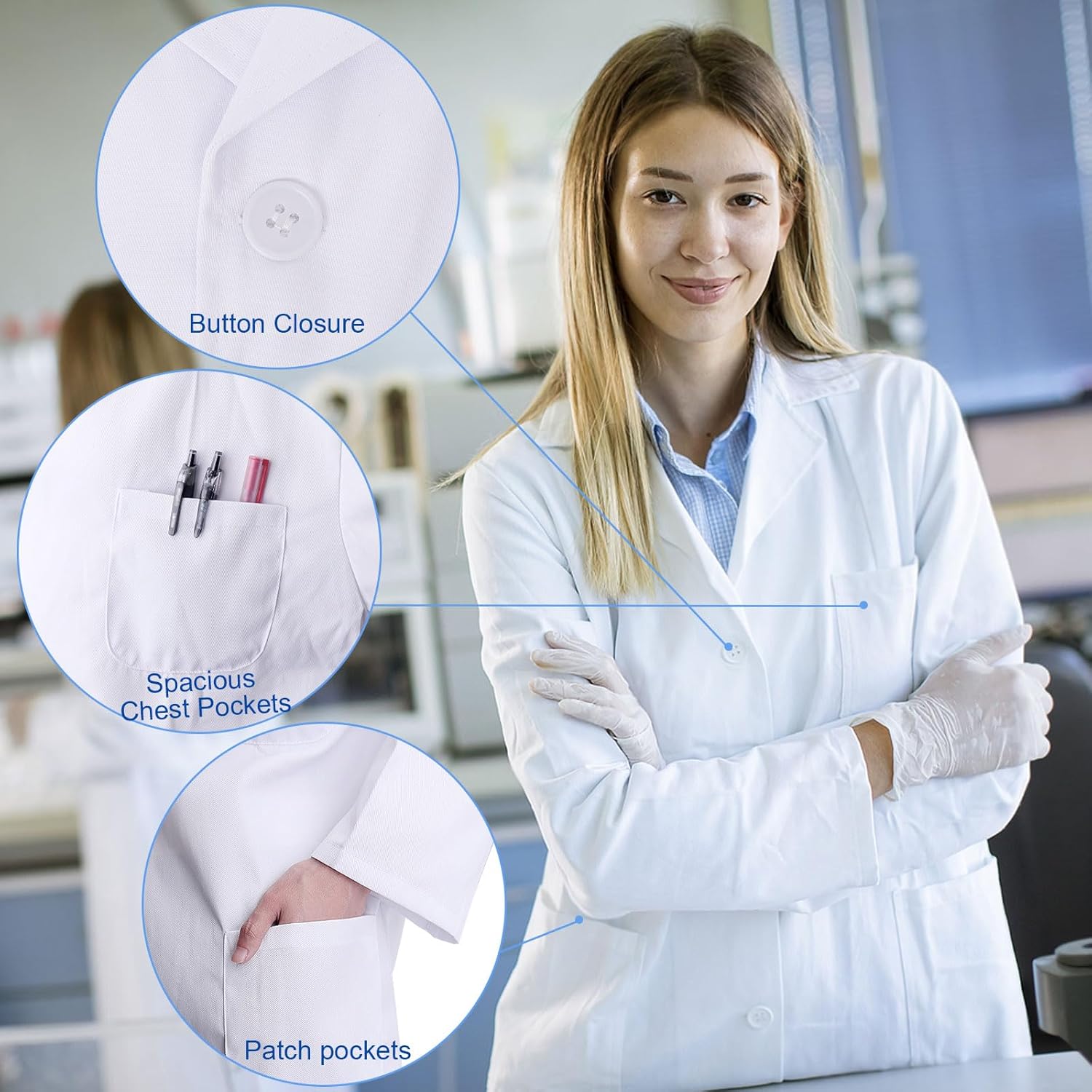 Lab Coat for Woman,White Doctor Costume for Adults, Long Sleeve Unisex Science Medical Coat - Image 3
