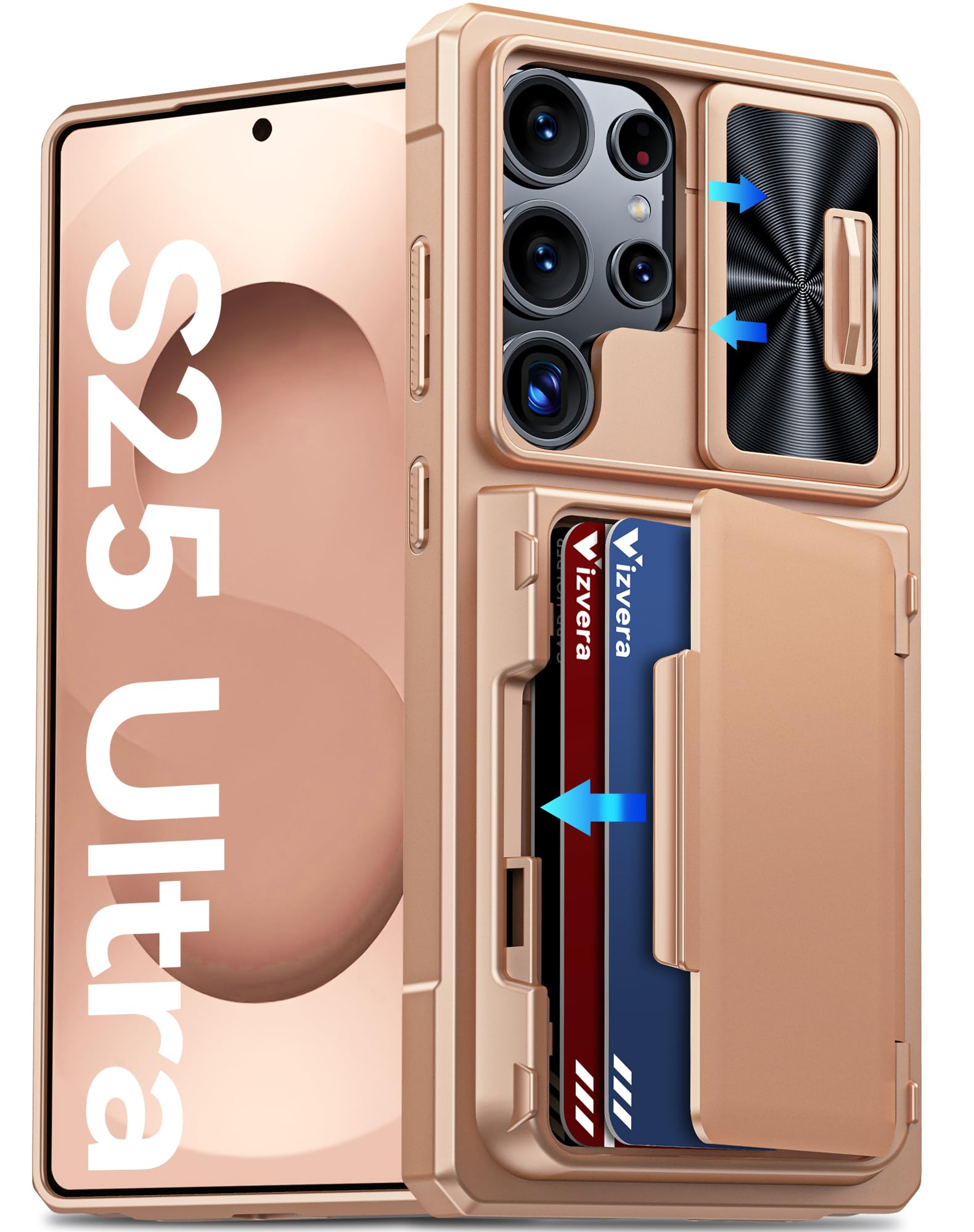 – Vizvera for Samsung Galaxy S25 Ultra Case Wallet, with RFID Card Holder, Camera Cover, Kickstand, Silicone Edge Military Drop Protection Rugged Shockproof Case for S25 Ultra 6.9" 2025,Champagne Gold