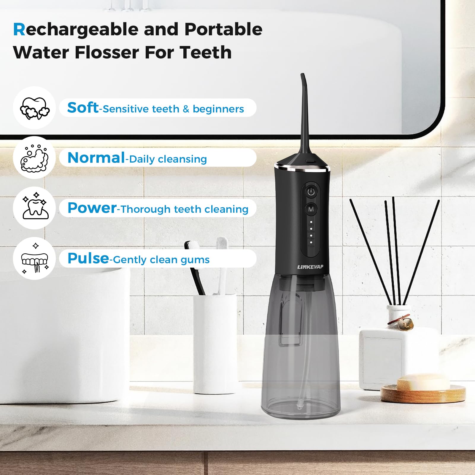 LINKEVAP Irrigador bucal de viaje recargable de 360 ml, IPX7 impermeable para el cuidado dental diario para el hogar