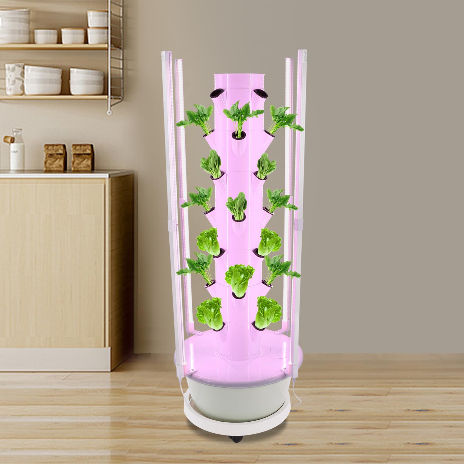 Hydroponik Turm 7 Ebenen 28 Pflanzen Vertikal mit LED und Pumpe | 28 Pflanzen auf 7 Ebenen in 53 cm Turm, 8 LED Lampen Timer, 30L Tank Rollen, Pumpe automatisch