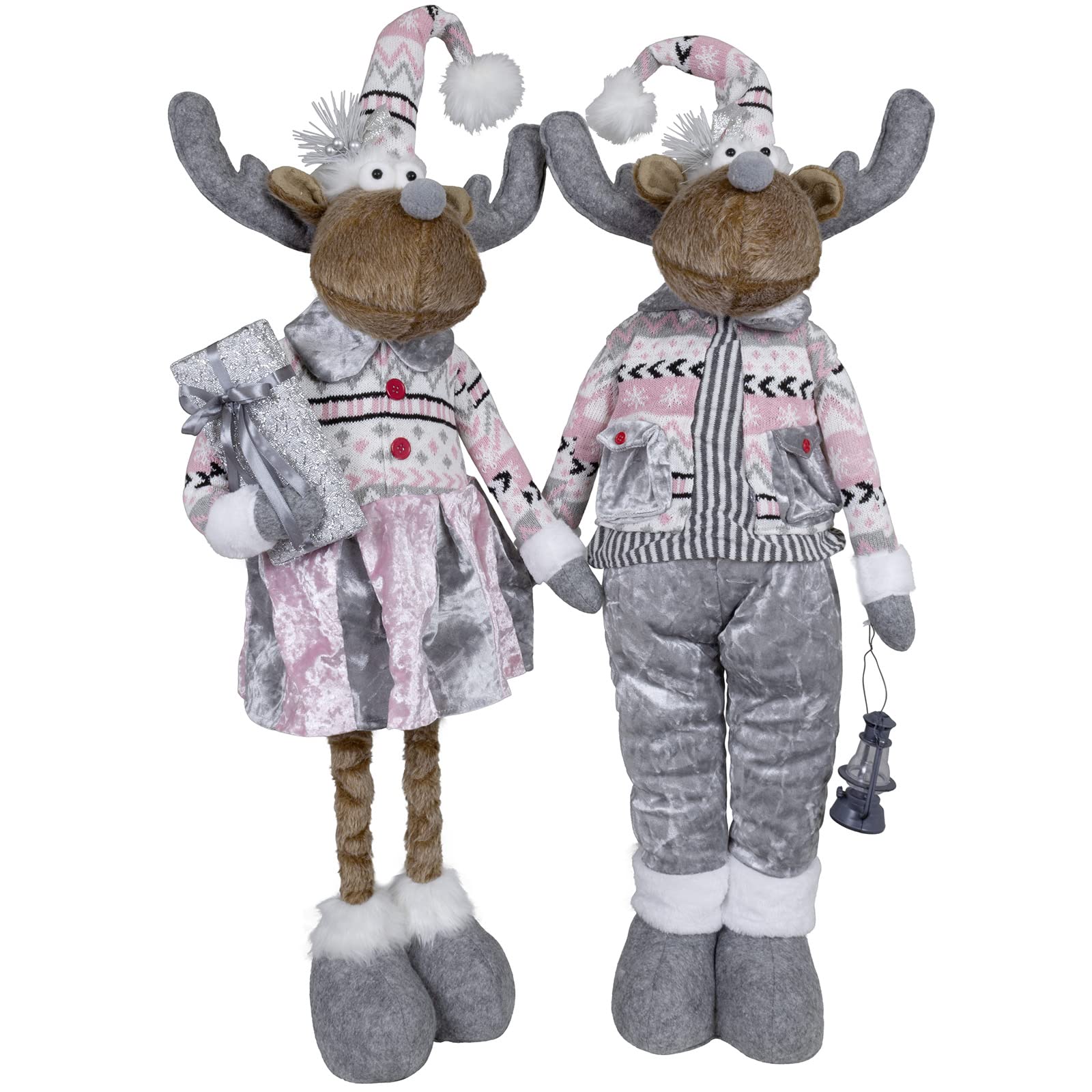 XL Weihnachts-Elch 52cm ausziehbar (80cm) im 2er Set Teleskopbeine Rentier Silber-rosa