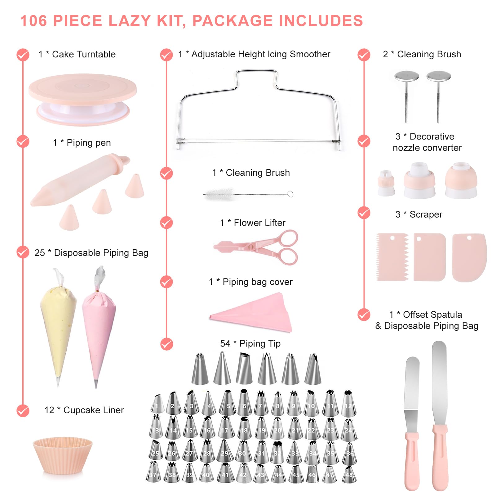 El kit de decoración de pasteles de 107 piezas incluye tocadiscos giratorios para decorar, juego de bolsas de glaseado y puntas, 2 espátulas, 3 raspadores de pasteles, 25 bolsas de tubería,
