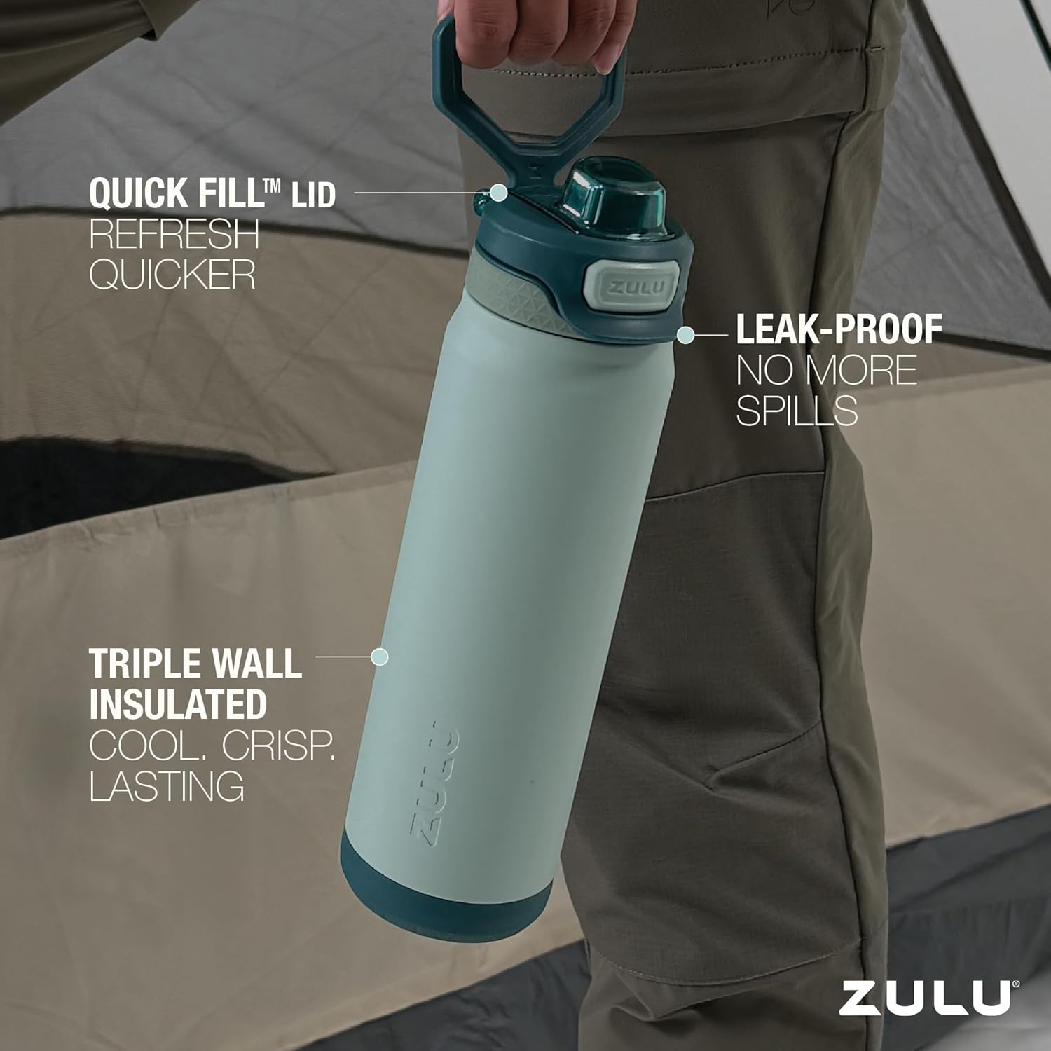 ZULU Powerfill Pro 32oz Stainless Steel Water Bottle with Quick Fill Lid, Triple Walled Vacuum Insulated Metal, Leak Proof Locking Lid, Sip and Chug, Reusable BPA Free, Evergreen - Image 3