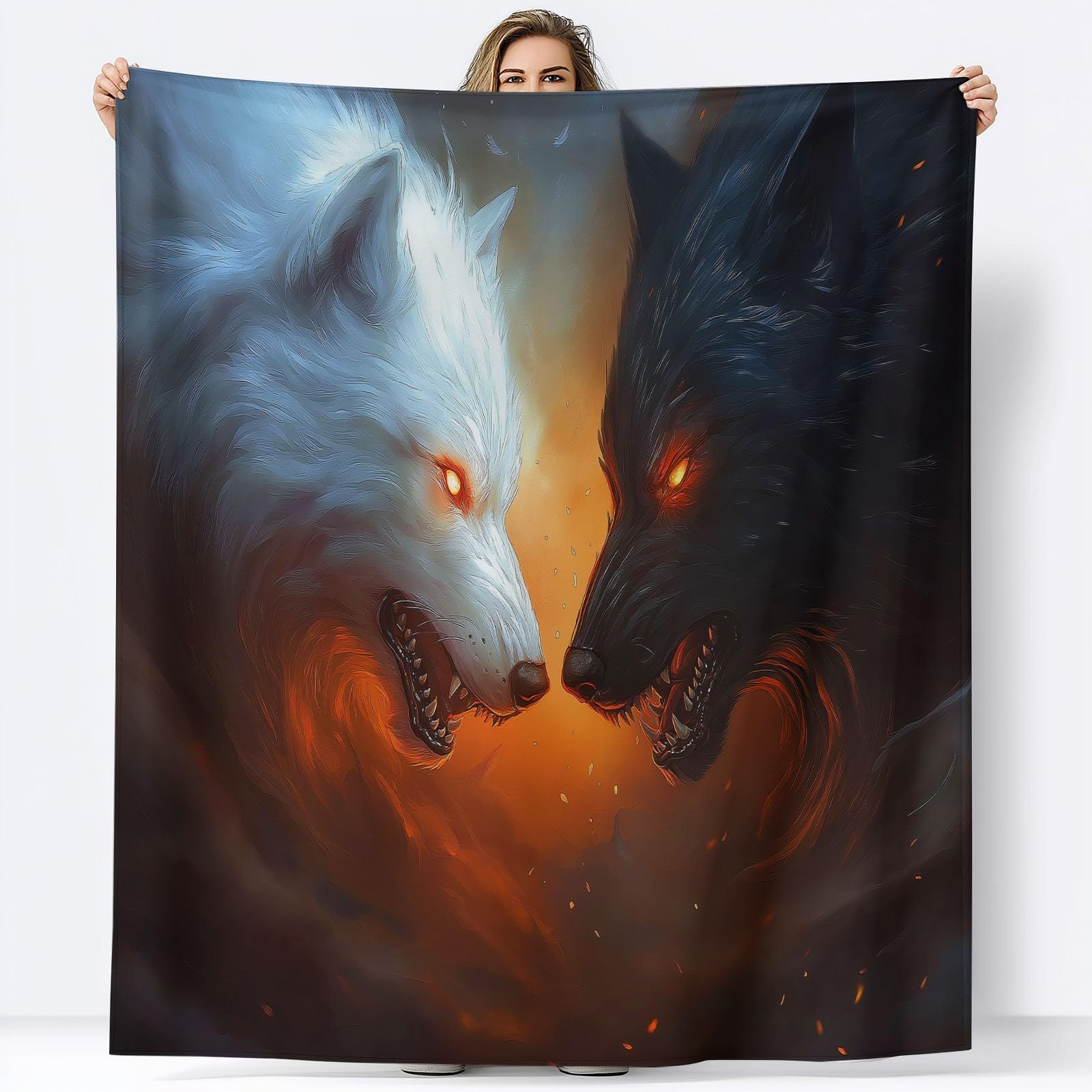 Przytulny koc flanelowy, puszysty, 150 x 200 cm, fantazyjny, zwierzęcy wilk, koc do mieszkania i jako narzuta na sofę, miękki koc polarowy z mikrofibry, jako narzuta na kanapę, pomarańczowy kolor