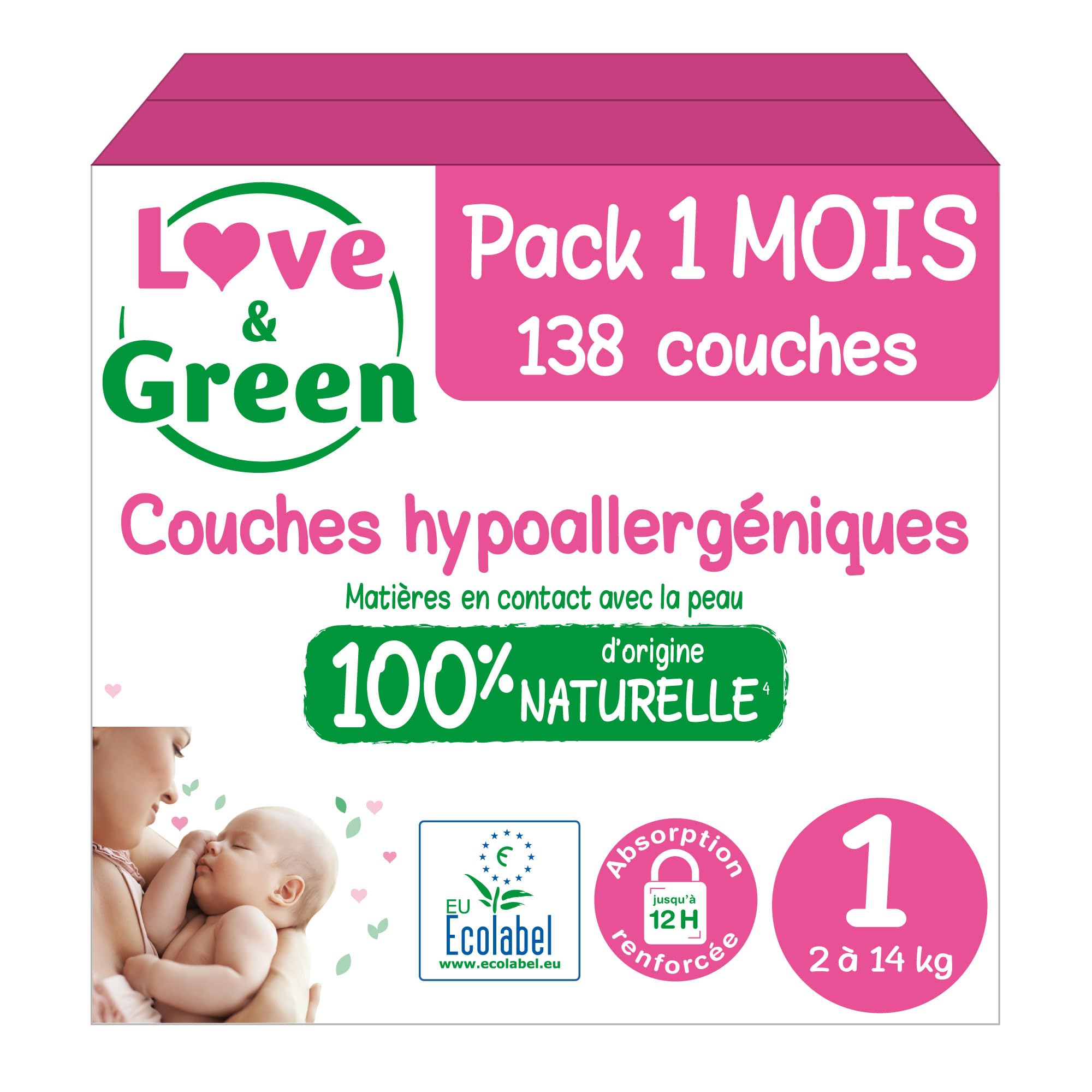 LOVE & GREEN - Couches Bébé T1 (2-5 kg) - Pack 1 Mois -138 Couches