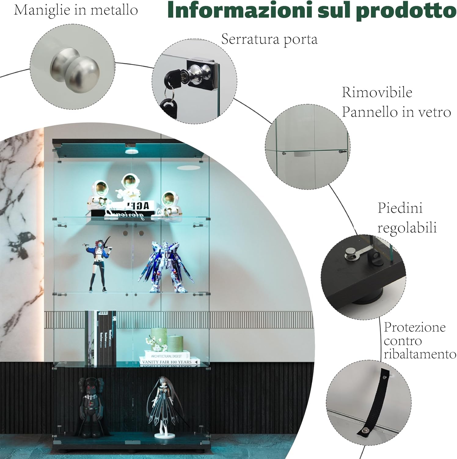 Vitrina de cristal con LED, Vitrina de cristal templado, 4 estantes de cristal, con 2 puertas y candado, vitrinas para figuras de armario, para salón, oficina, objetos de colección (Negro +