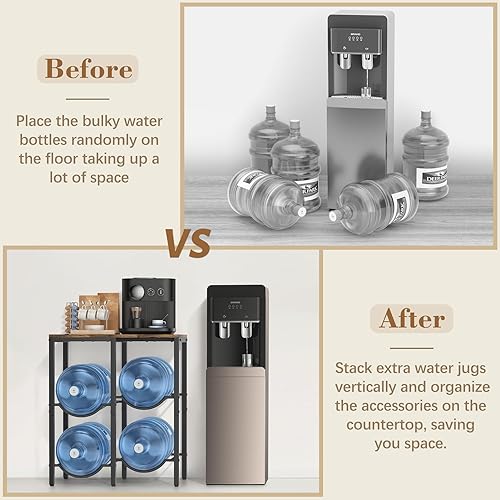 Miniatura 5 de VINAEMO Soporte para jarra de agua de 5 galones, soporte para jarra de agua de 3 niveles con estante de mesa de madera extendido, 4 ranuras para