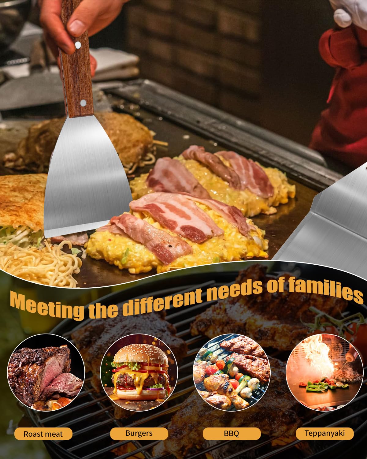 Set de Spatules Barbecue Acier Inoxydable avec Retourneur Grillades et Écraseur Burgers