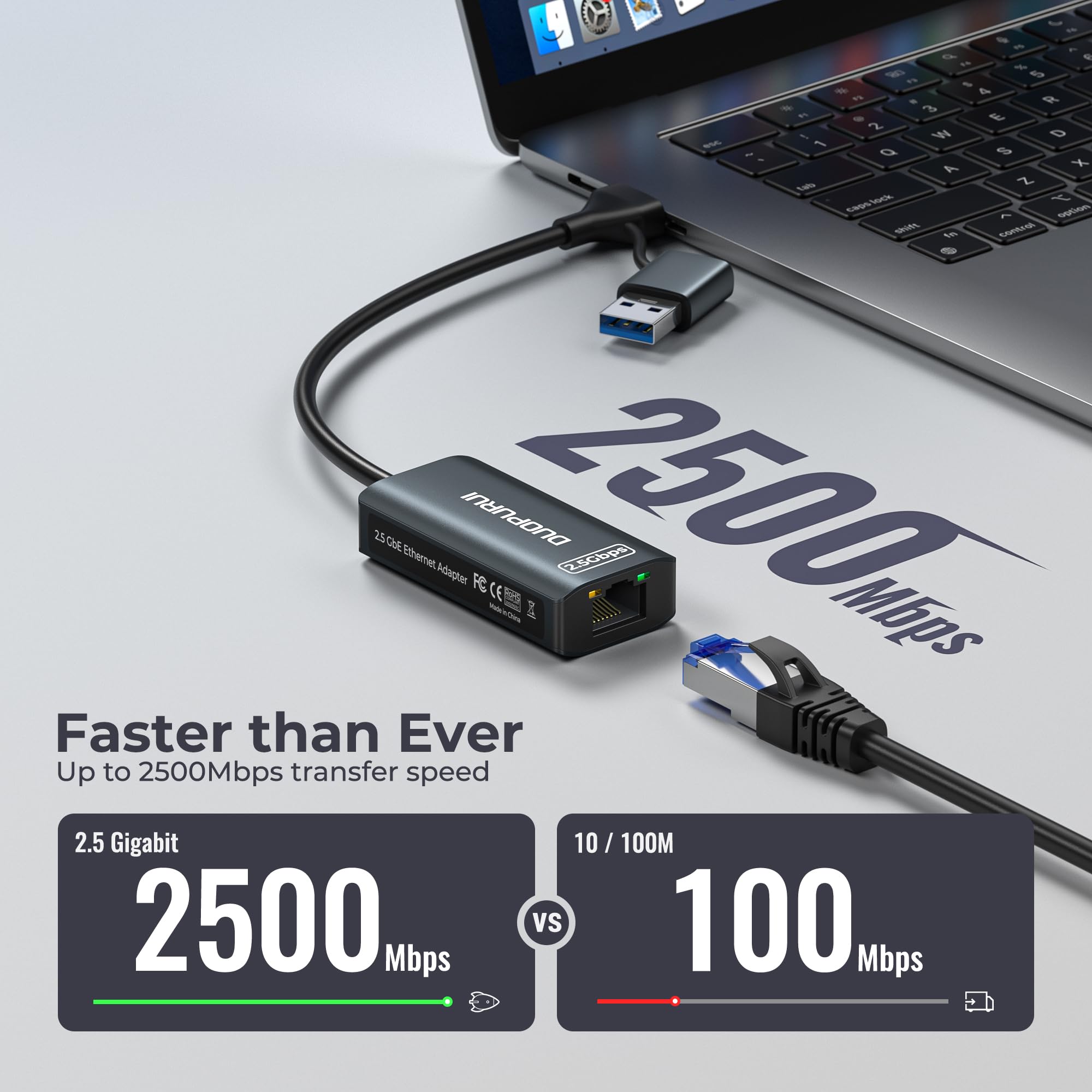 Adattatore da USB a Ethernet, adattatore di rete da USB C a RJ45 2.5 Gigabit LAN, custodia in alluminio, adattatore Ethernet per laptop, MacBook Pro/Air, Surface Pro, iPad, XPS, Windows 11/10