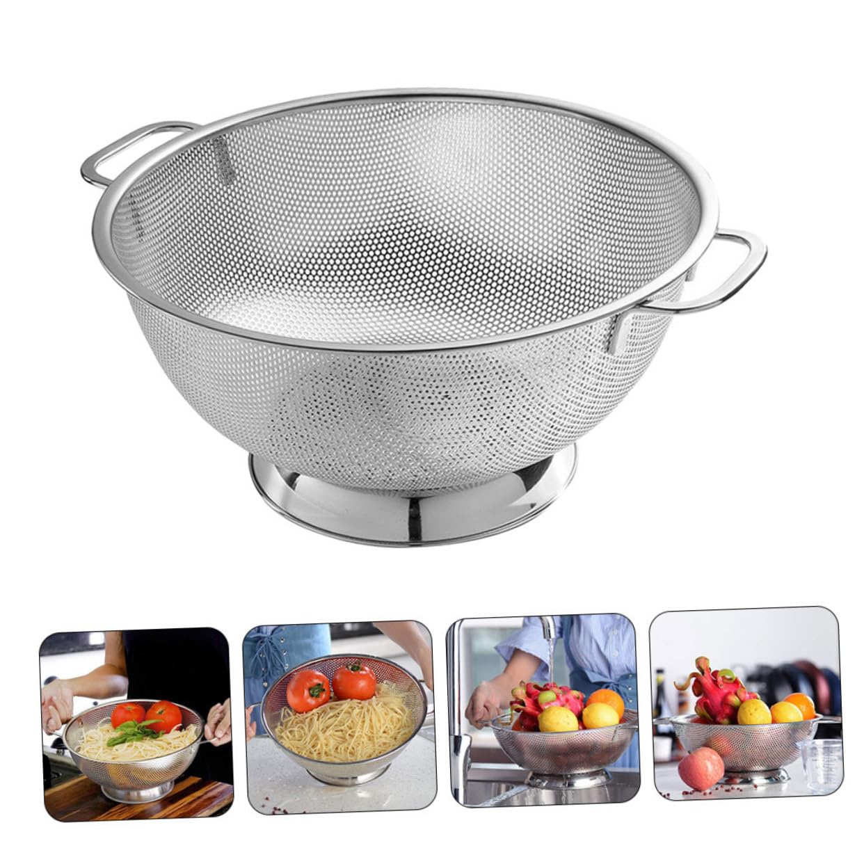 Colador de Acero Inoxidable con Asas, Malla Fina para Cocina | Plata, Doble Asa y Orificios Finos, para Enjuagar Arroz y Escurrir Alimentos