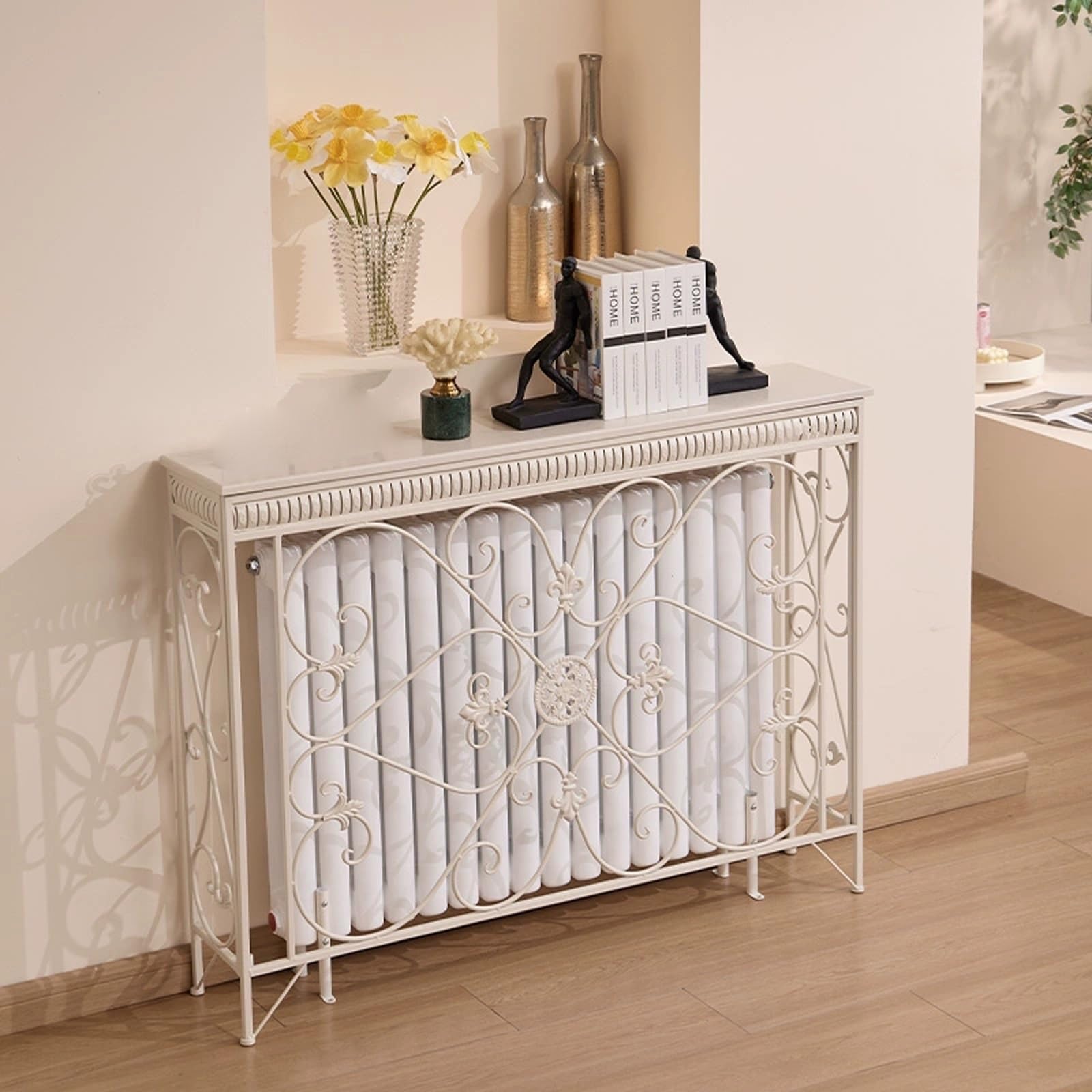 Copritermosifone con Piano in Legno, Copricalorifero Moderno Decorativo in Ferro Battuto, Mobiletto Decorativo per Soggiorno, Camera da Letto, Ingresso(White,90x24x80cm/35x9x31in)