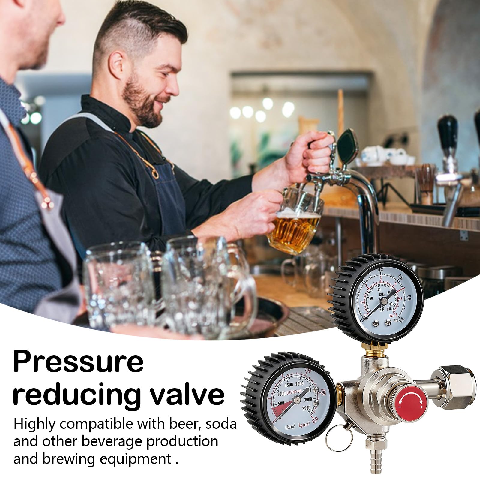 Riduttore di Pressione CO2, Sistema di Erogazione Della Birra Riduttore di Pressione con 2 Manometri Attacco W21,8 x 1/14" Regolatore di CO2 per la Produzione Della Birra Sistema di Erogazione
