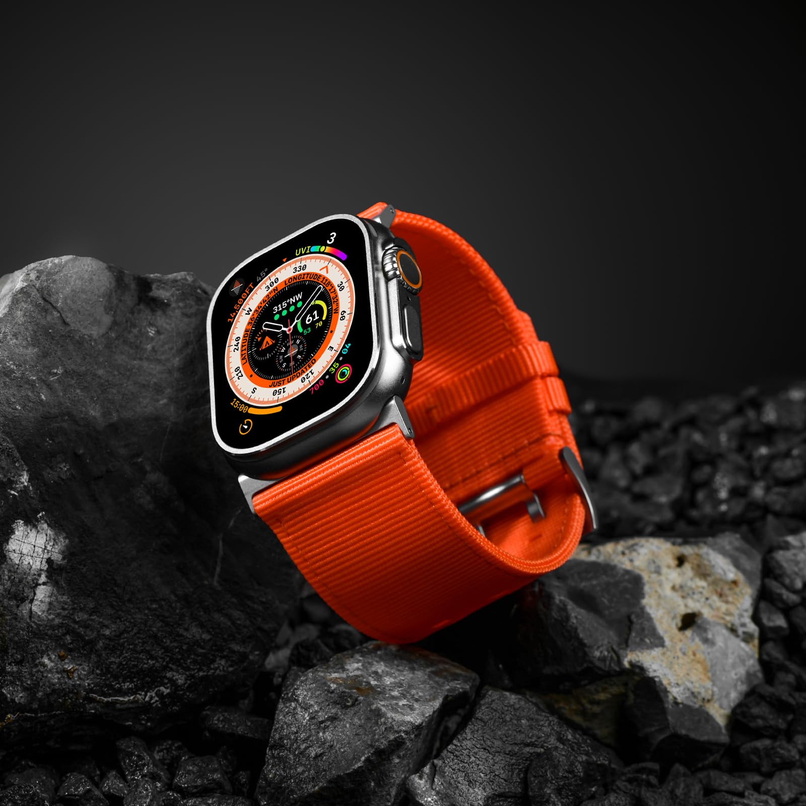 Tefeca Dual Series Bracelet de montre de rechange compatible avec Apple Watch/Apple Watch Ultra (nylon orange avec adaptateurs argentés)
