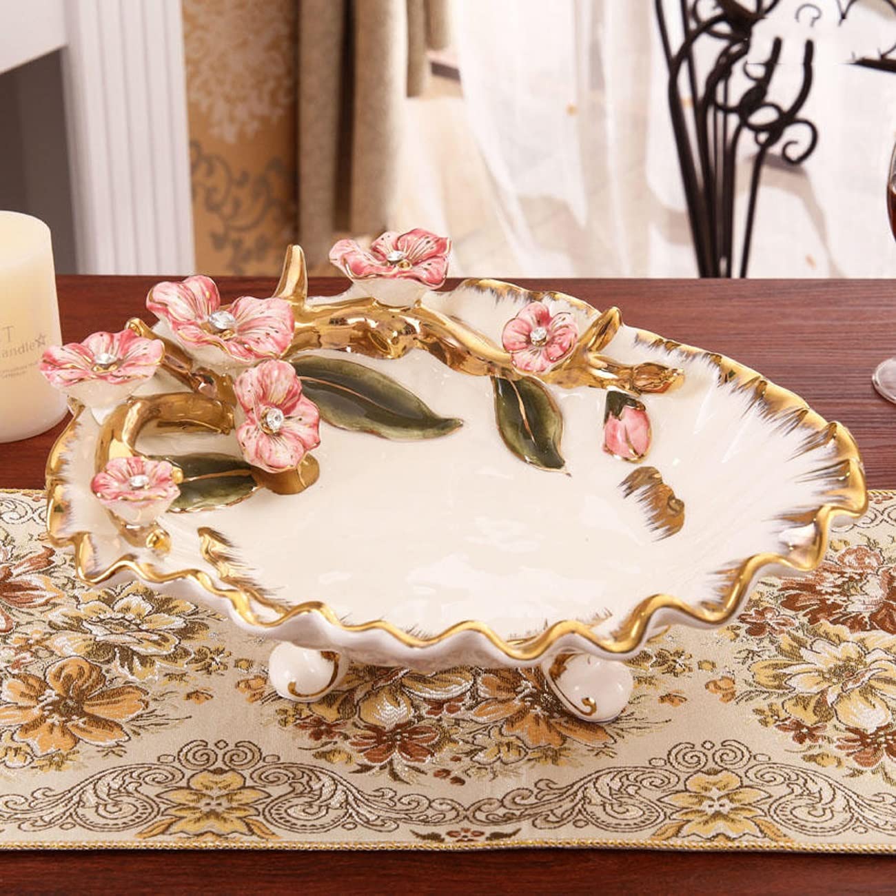 Plato de Frutas de cerámica Dulces nueces Platos de Porcelana Aperitivos compota Bayas Bandeja de Almacenamiento Borde Tallado de Flores decoración,