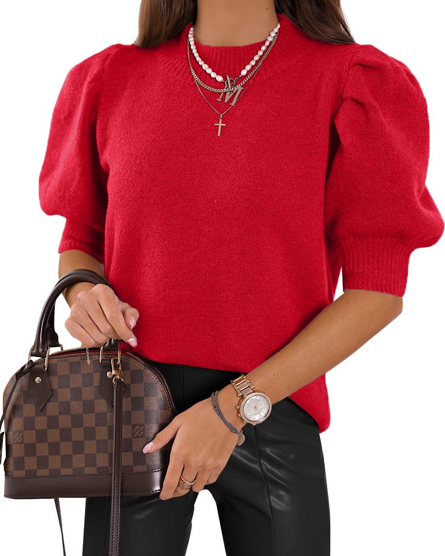 UNCLECAT Womens Puff Short Sleeve Sweaters Trendy Fall Tops Casual Pullover