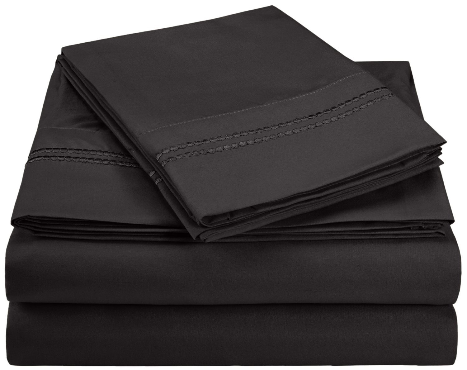Superior 3000 Series Super Soft and Wrinkle Resistant Microfibre 4-Piece Bed Sheet Set with 2-Line Embroidery in Gift Box, Eastern King, Black
