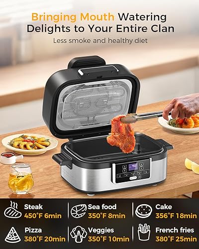 Miniatura 7 de Joy Pebble Parrilla interior con freidora de aire, 5 en 1, freidora de aire inteligente eléctrica, acero inoxidable con parrilla de aire, freidora