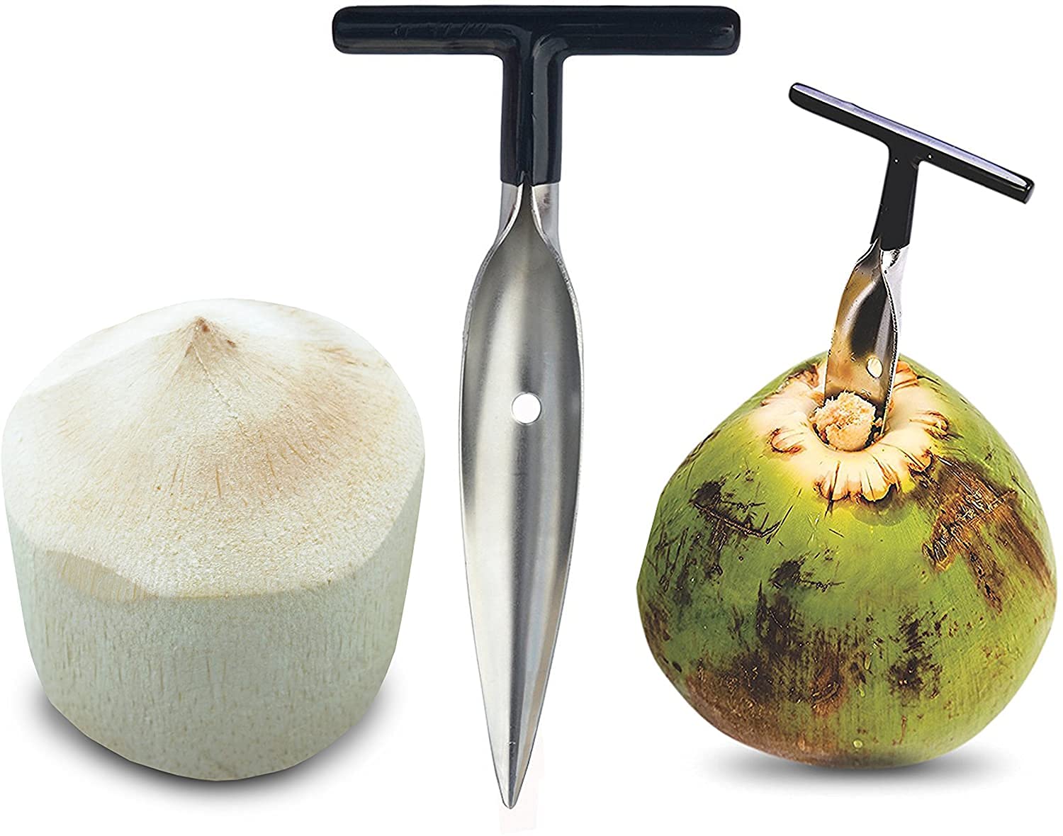 Coconut Opener for Fresh Green Young Coconut Water - Works With Peeled Thai Young White Coconuts - Open in Seconds Super Safe Easy and Fast