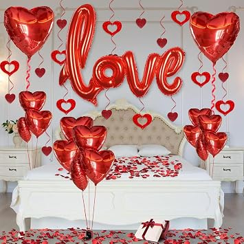 Valentines Day Party Decorations Set - 36 Inch Love Foil Balloon, 2pcs 18inch Foil Heart Balloon, 18pcs 10inch Heart Balloons and 1000 Pcs Rose Petals for Valentines Anniversary Bedroom Decorations