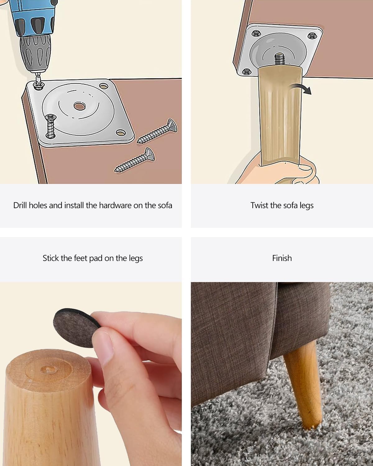 4 Gambe Per Mobili In Legno Di Rovere 12cm - Piedini Regolabili Per Tavoli, Letti E Divani - Foto 4