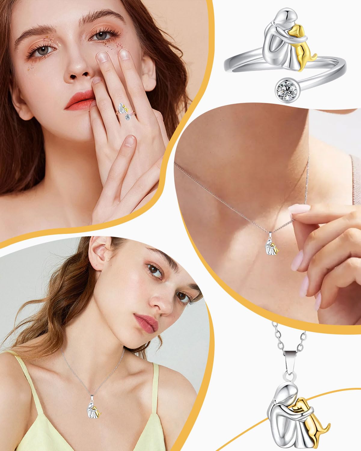 Collana con cane,anelli, Collana con abbraccio di cane e ragazza, ciondolo con animale in argento sterling 925, regalo perfetto per ragazze, figlie, madri, amiche
