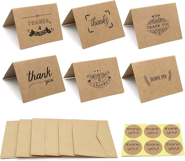 36PCS Thank You Greeting Cards, 6 Designs Thank You Cards Pack Note with 36PCS Envelopes and 36PCS Stickers for Wedding, Bridal Shower, Baby Shower, Christmas, Business
