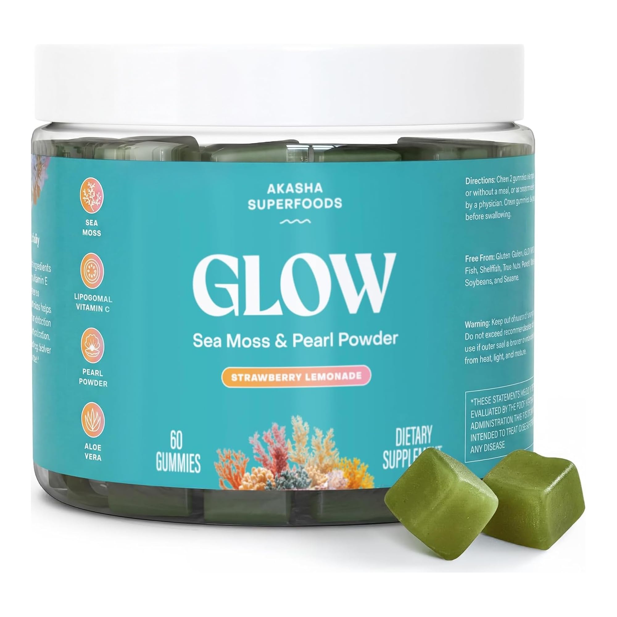 Akasha Superfoods Sea Moss Glow Gummies, Hair, Skin & Nails Βιταμίνες με Seamoss, Pearl Powder, Vitamin E, Aloe Vera, Liposomal Vitamin C, και Irish Sea Moss, Gummies for Women & Men, 60 Count