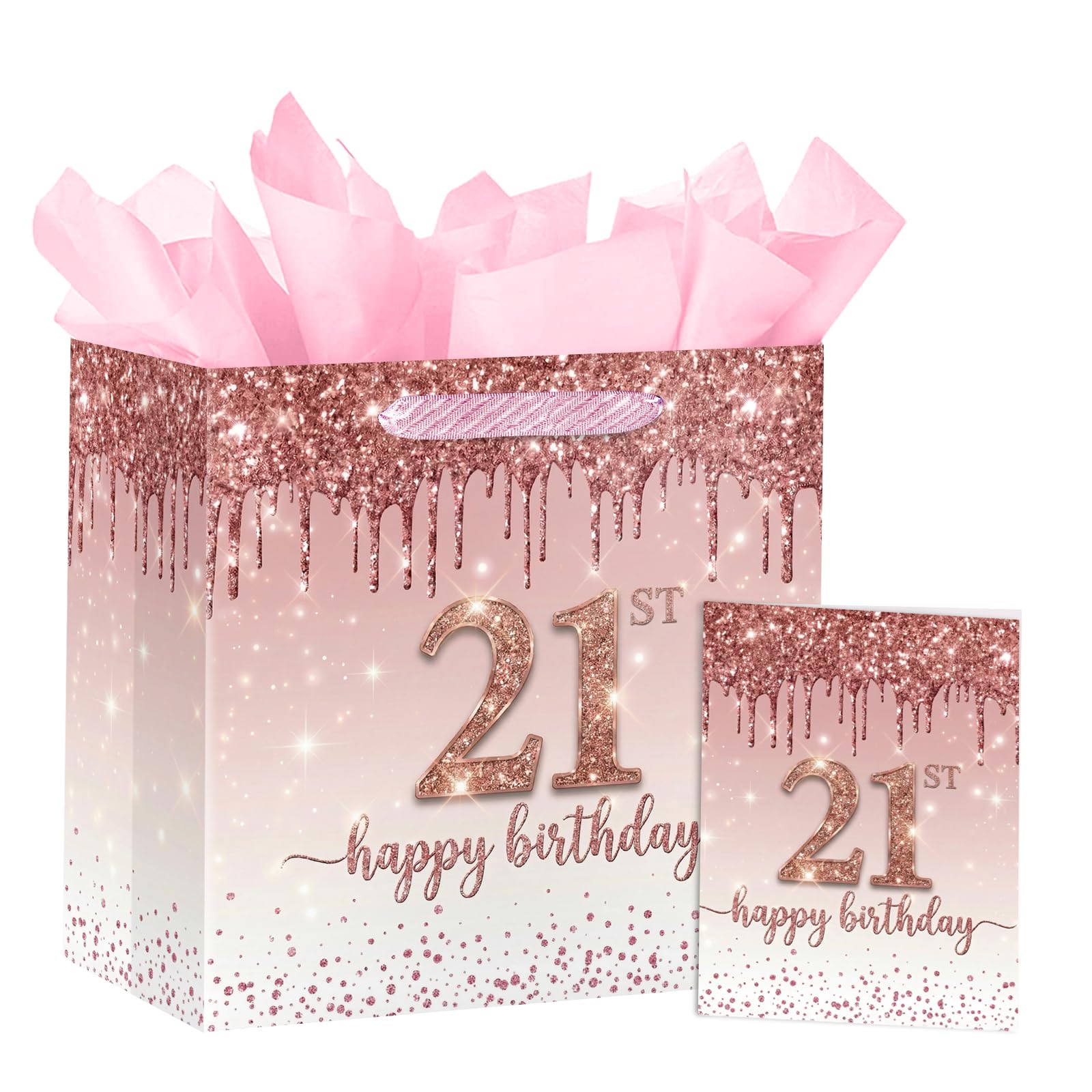 Loveinside 10" 21st Birthday Gift Bag for Women, Rose Gold Glitter 21st Design, Pink Stylish Gift Bag with Tissue Paper and Card, Suitable for Milestone Birthday Party, 10" x 5" x 10", 1 Pack