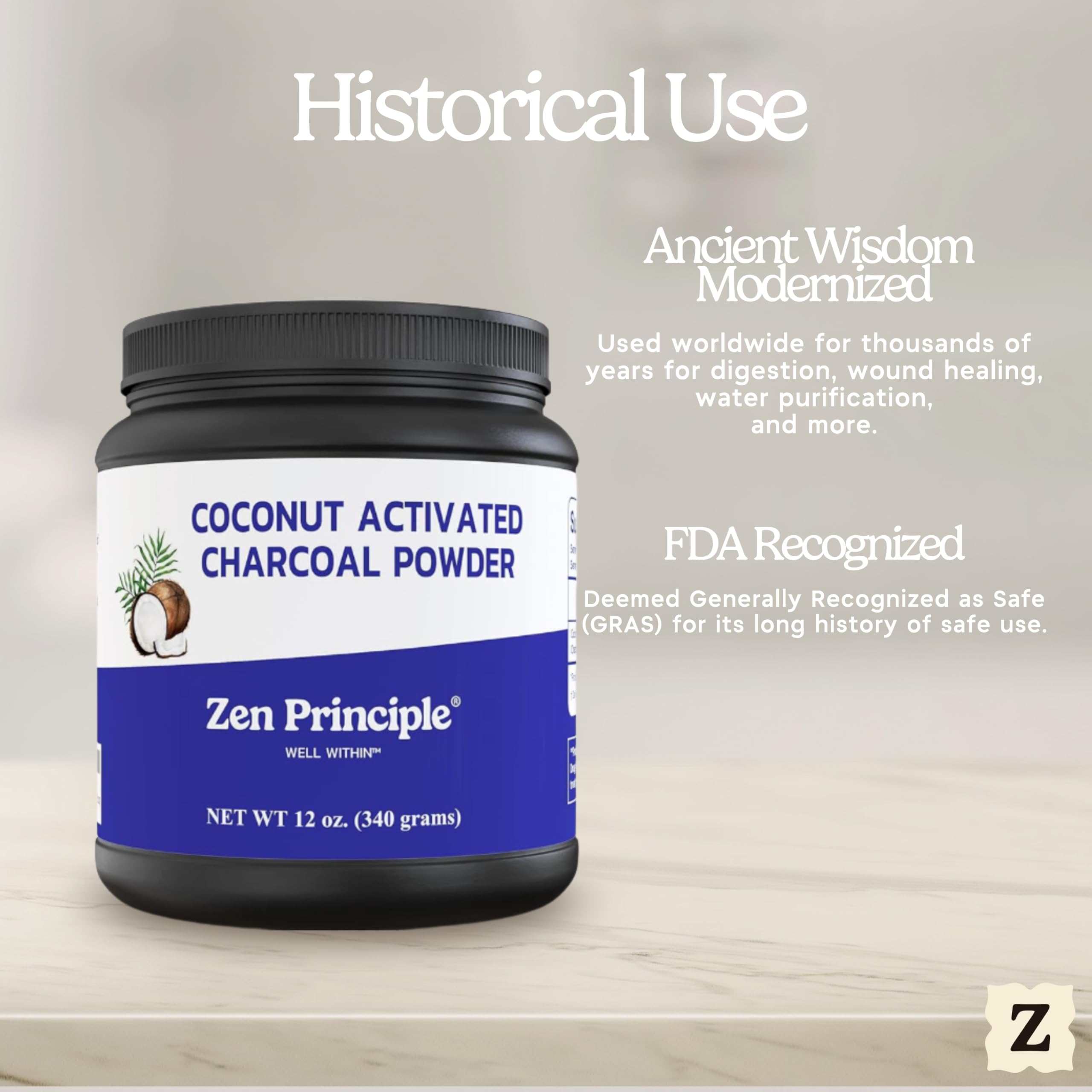 Zen Principle Coconut Activated Charcoal Powder. Whitens Teeth, Rejuvenates Skin and Hair, Supports Better Digestion. USA-Owned Producers, Free Scoop, 12 Oz