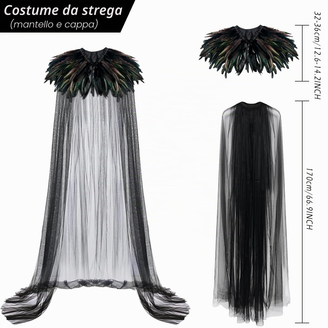 keland Mantello in Tulle Nero con Scialle di Piume Mantello da Malefica per Halloween (Nero)