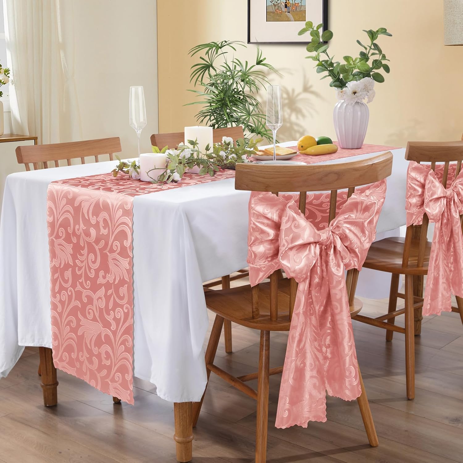 MILVOWOC 12 Pack Rose Gold Satin Table Runner, 12 x 72 Inch Jacquard Damask Table Runner Rectangle Bright Silky Decorative Table Runner for Party Banquet Birthday Dinner Wedding Table Decor