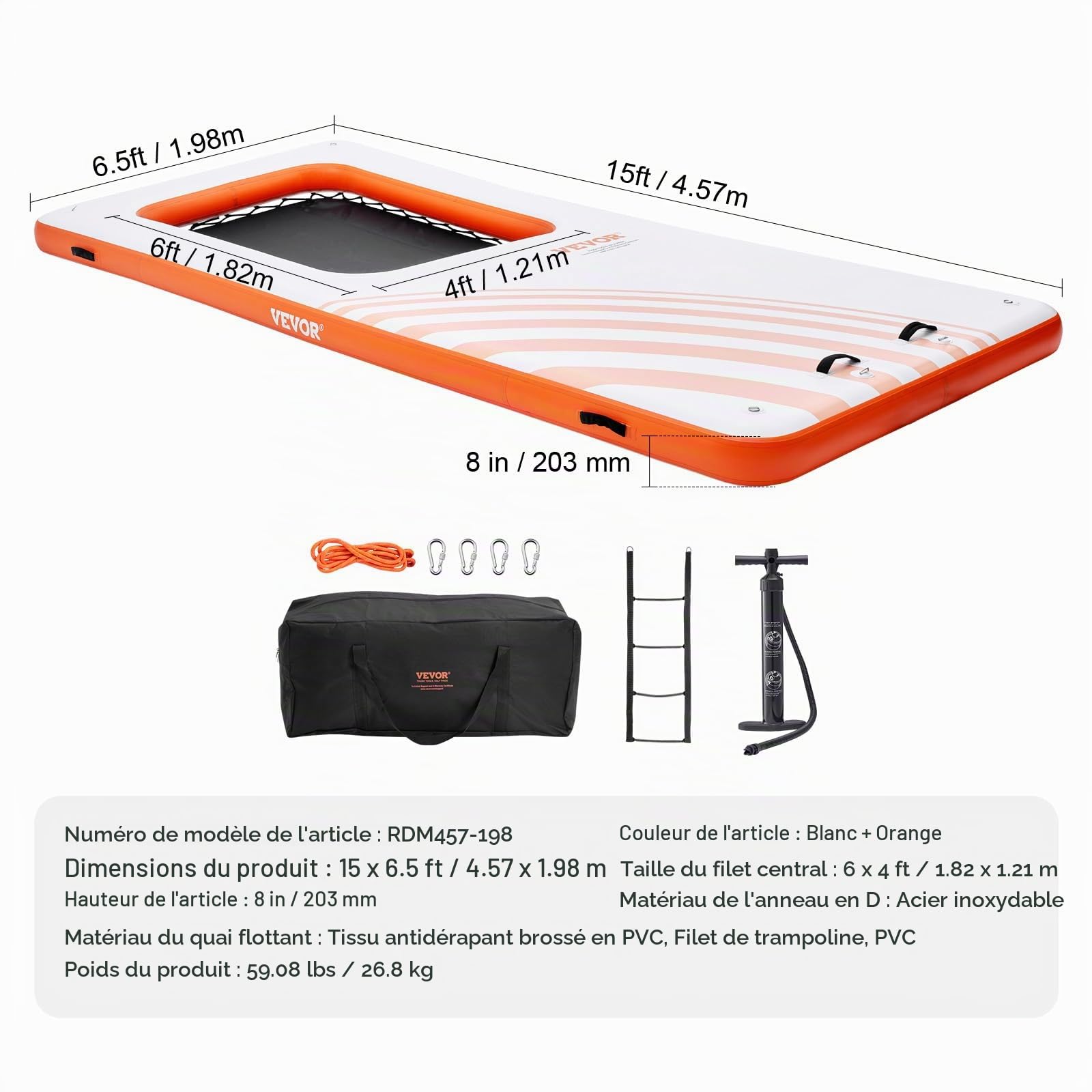 VEVOR Quai flottant gonflable, 4,57 x 1,98 m plate-forme de quai gonflable avec piscine maille 1,21 x 1,82 m, tapis d'eau antidérapante avec sac portable et échelle amovible pour détente piscine plage