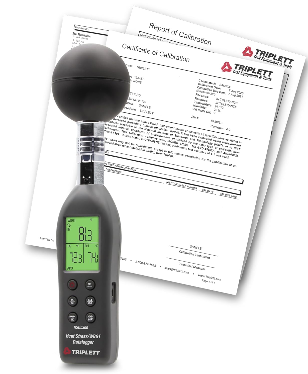 Triplett HSDL300 Indoor/Outdoor Heat Stress WBGT (Wet Bulb Globe Temperature) Datalogger with Certificate of Calibration to NIST