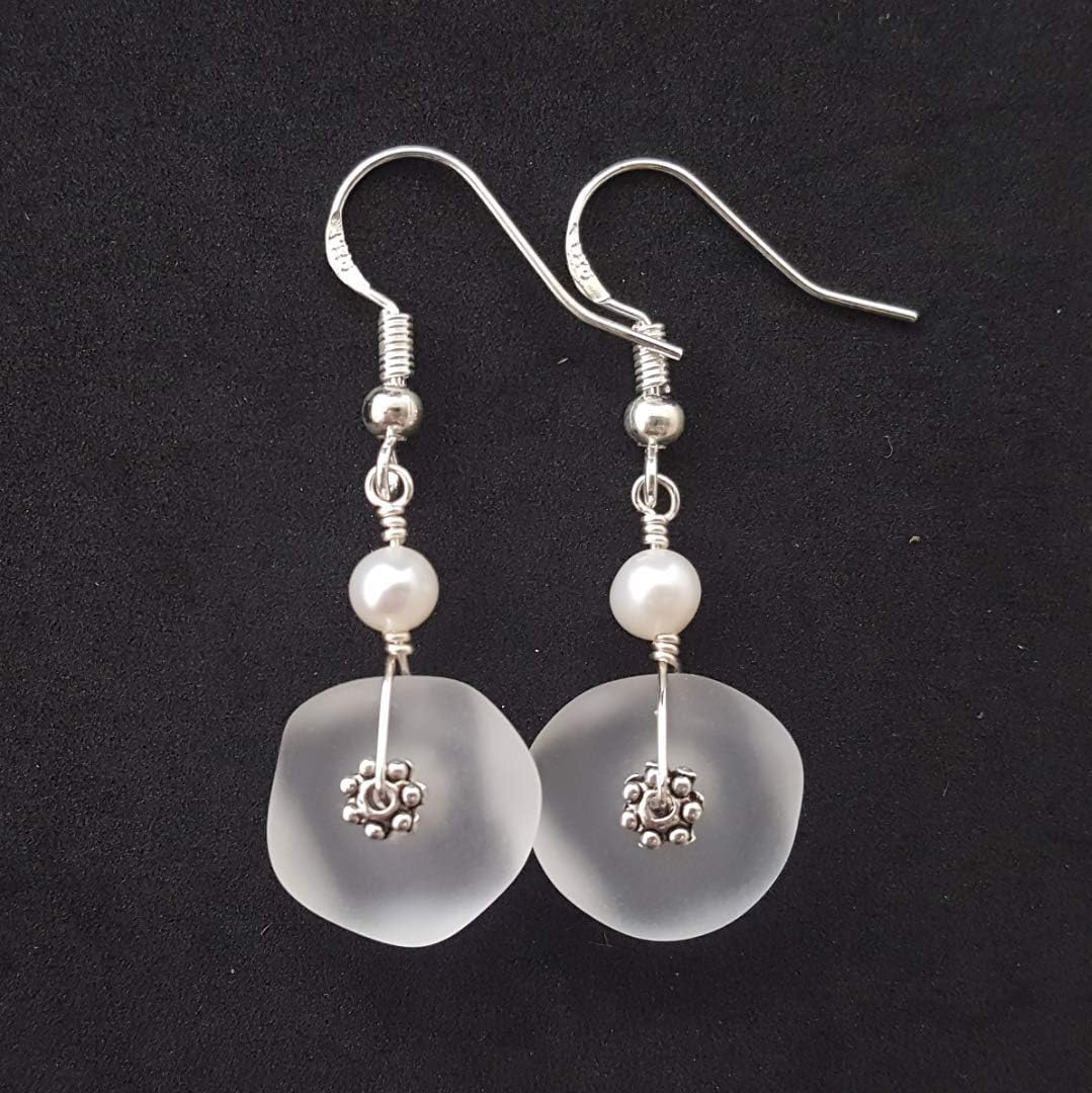 Handmade Sea Glass Earrings, Hawaiian Jewelry for Women, Wire Earrings Pearl Earrings, Unqiue Earrings Beach Jewelry Birthday Gift For Women