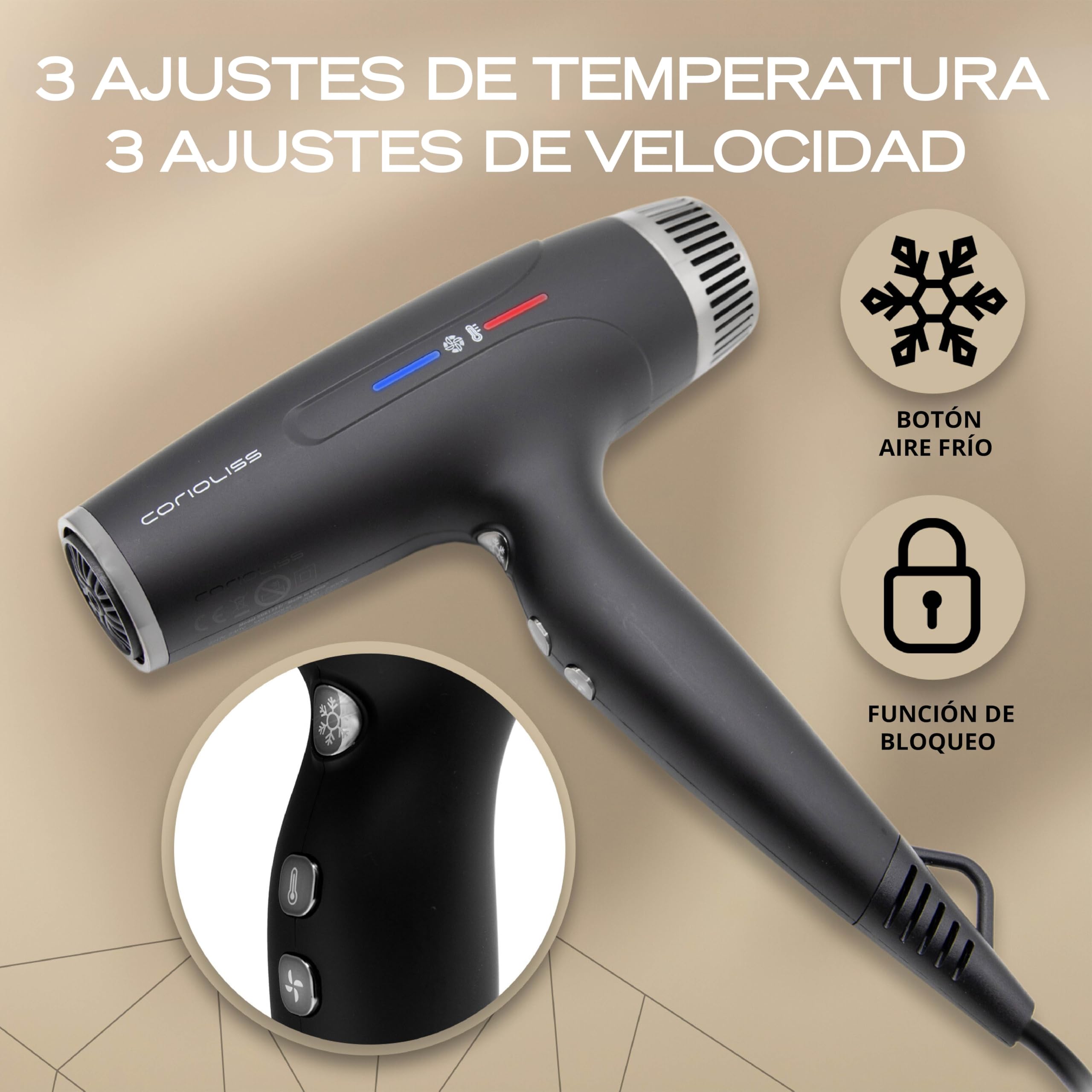 Corioliss Typhoon Secador de Pelo Profesional | Silencioso | Motor BLDC 2400W | Ligero 417 Gr. | Potente | Iónico Antifrizz | Difusor y 2 Boquillas | Black Chrome