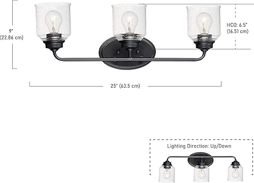Miniatura 3 de Acadia - Lámpara de tocador de baño, pantalla de cristal con forma de campana, 10.5 pulgadas de alto, acabado negro, 3 bombillas