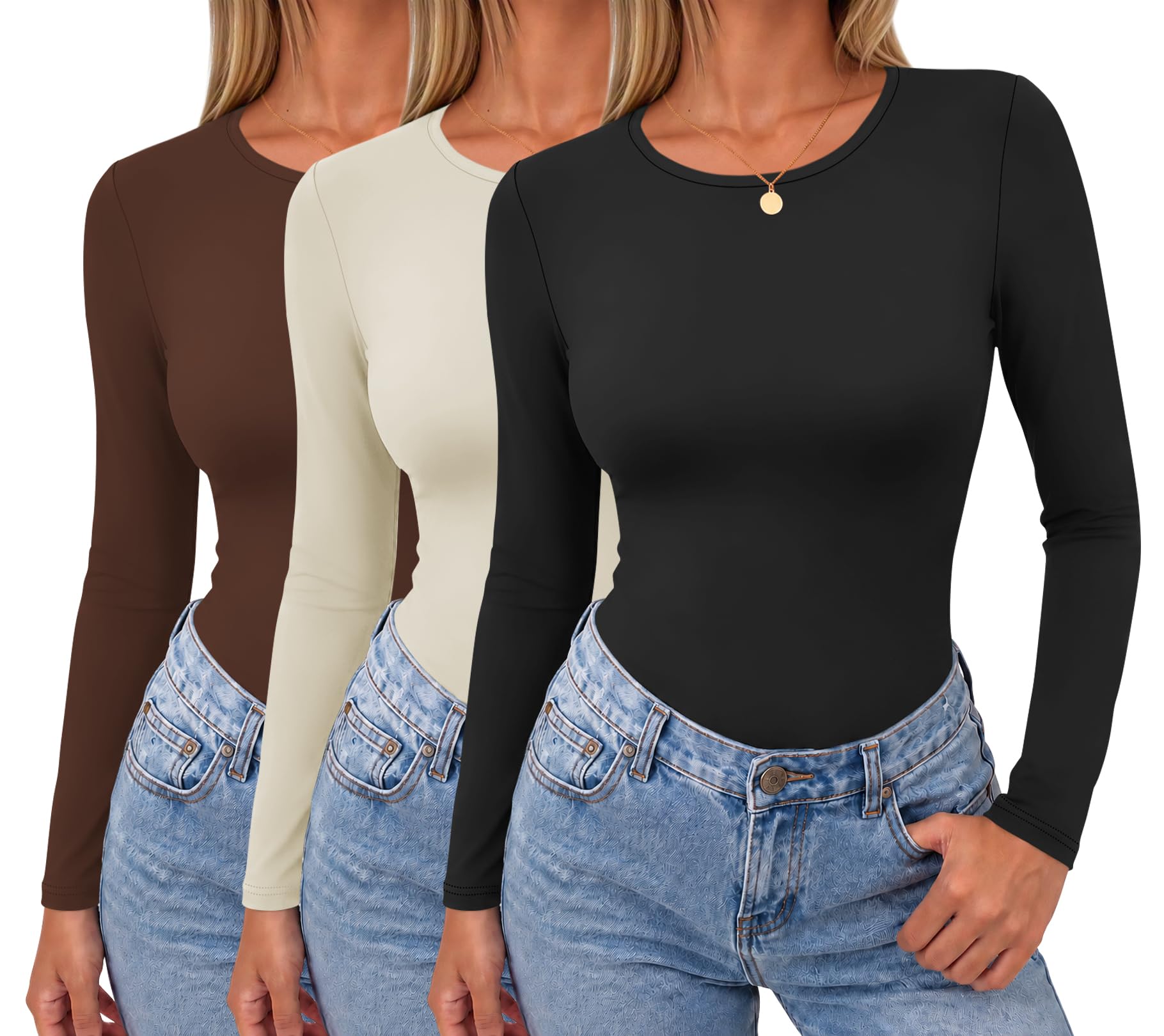 Long Sleeve Shirts for Women 3 Pack Scoop Neck Fitted Tops Thermal Undershirt Stretch Base Layer Soft Tee XS-XXL-image-22