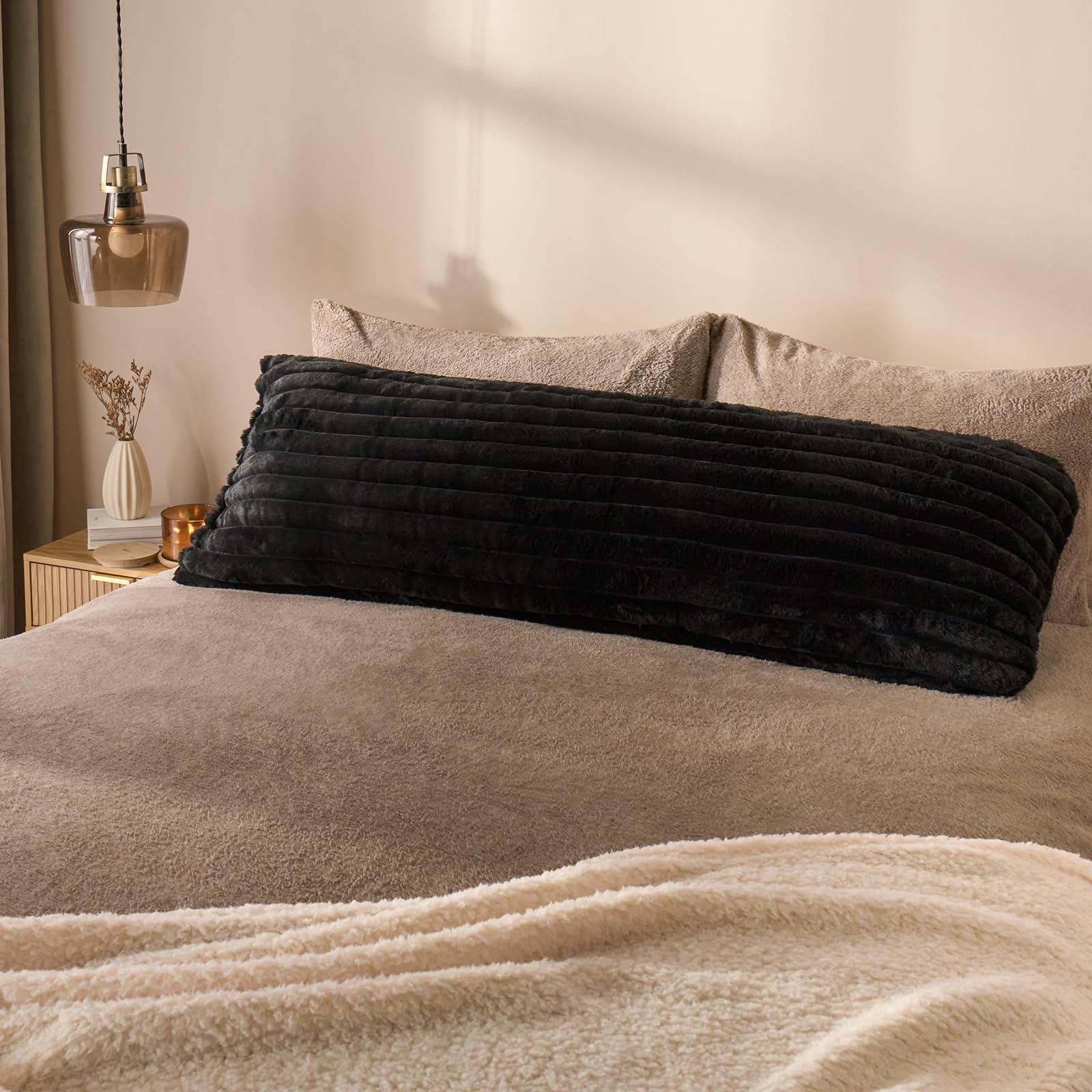 Ohs Black Ribbed Faux Fur Bolster Pillow Full Body Long Pillows Soft Cosy Hollowfibre Filling Pregnancy Pillow For Maternity Support & Side Sleeper Bolster Cushion, 125 X 45Cm