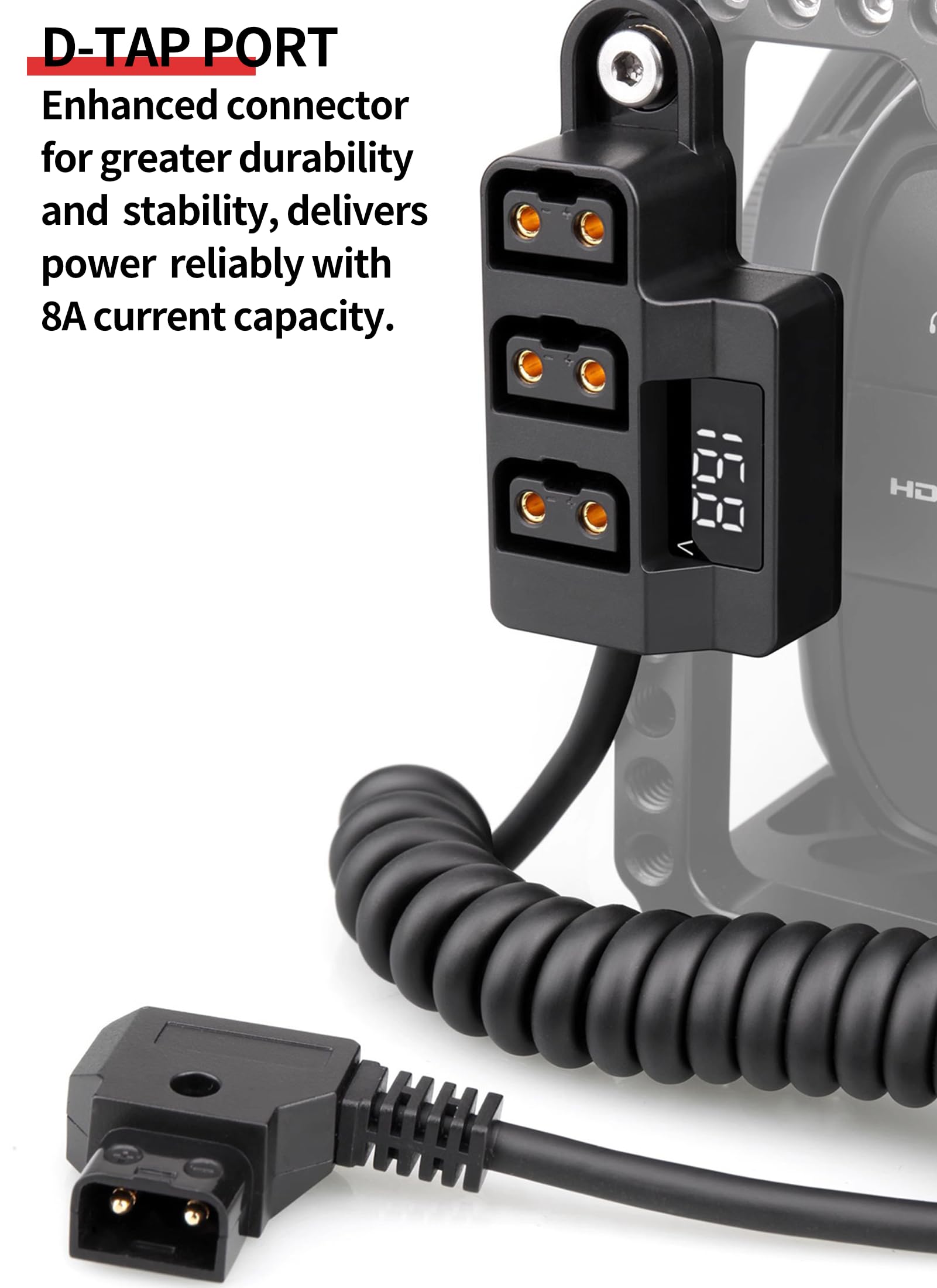 Cable Divisor de DTAP, Cable de Alimentación de DTAP Macho a 3 Puertos Hembra con Pantalla de Voltaje, 8a D Tap Voltímetro de Cubo para Batería de Cámara V, Jaula de Cámara,