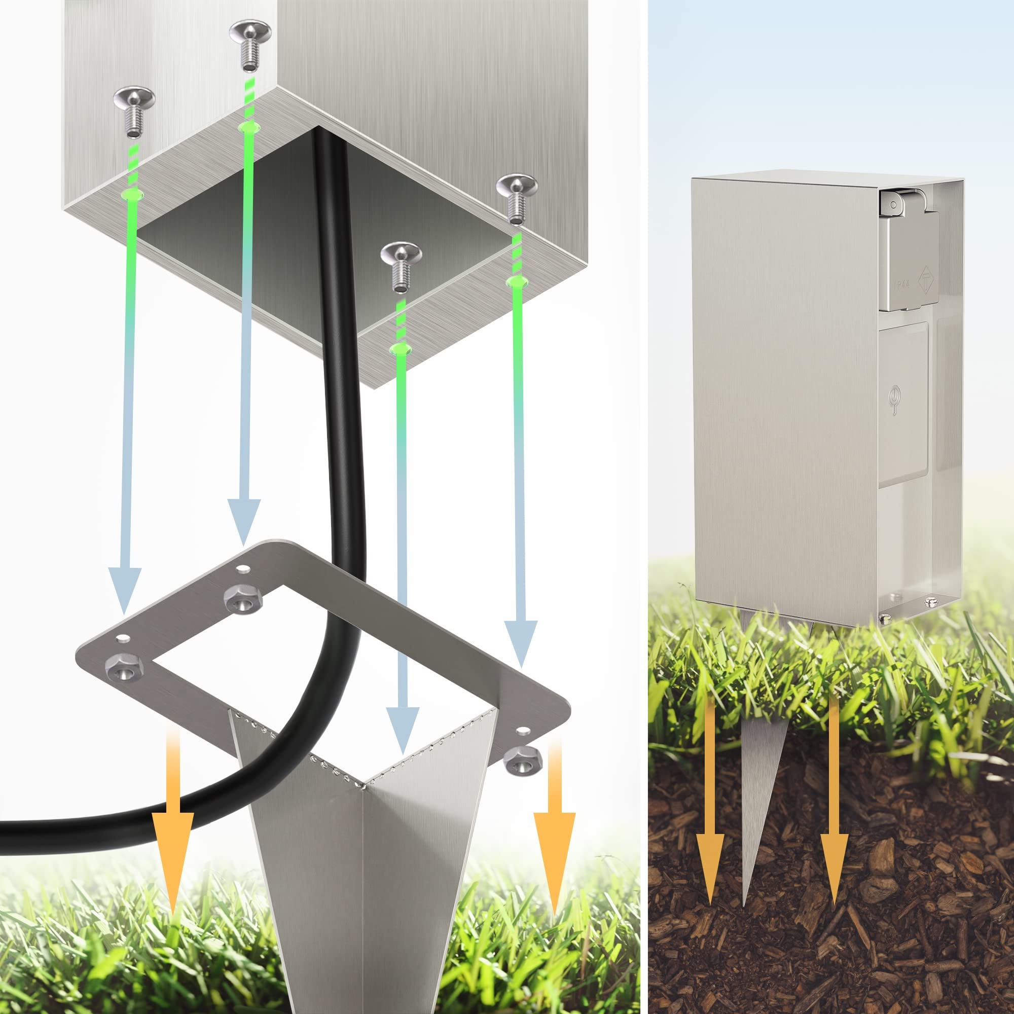 ledscom.de Enchufe de jardín Pilar POMI con piqueta de Tierra y Cable de 2m para Exterior, IP44, Smart Home, WLAN, Alexa, 3 vías, Acero Inoxidable, Cuadrado, 23cm