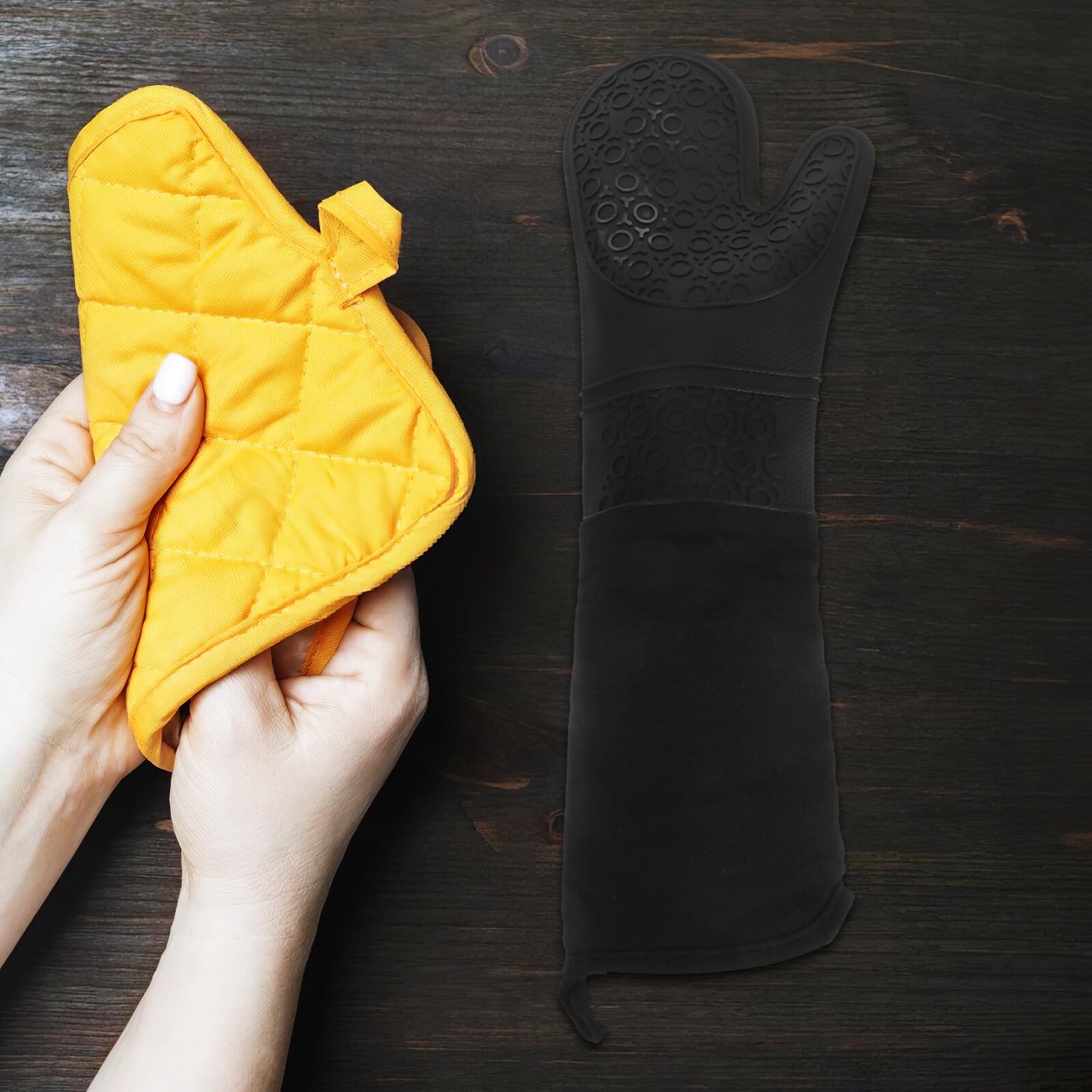 Hemobllo Guantes de Cocina de Silicona Resistentes al Calor Manoplas Largas Antideslizantes para Horno Protección Codo Guantes Impermeables para Hornear y Asar 1 Par 175g