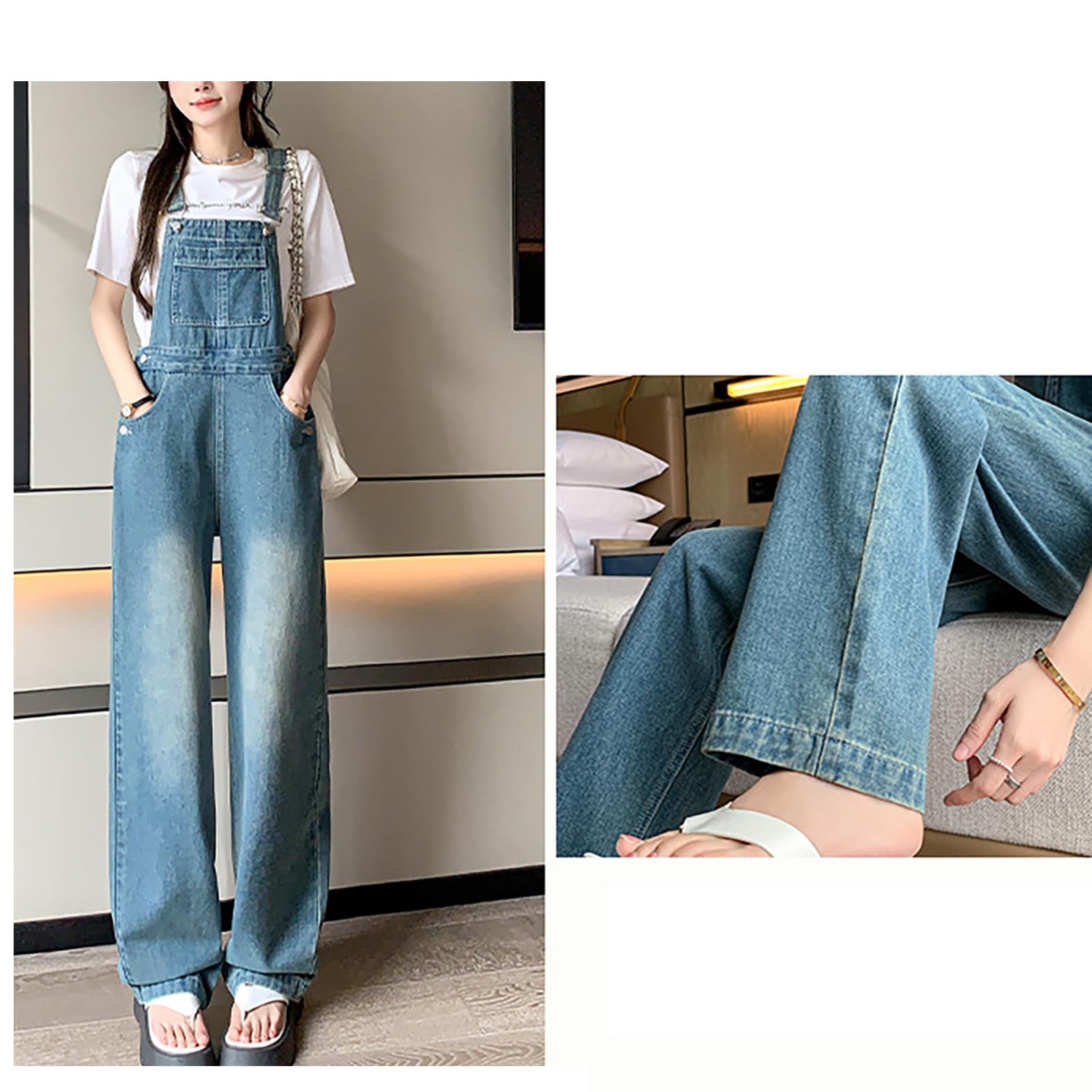 Salopette Jeans Femme Large Combinaisons en Jean Coupe Droite Pantalon en Jean